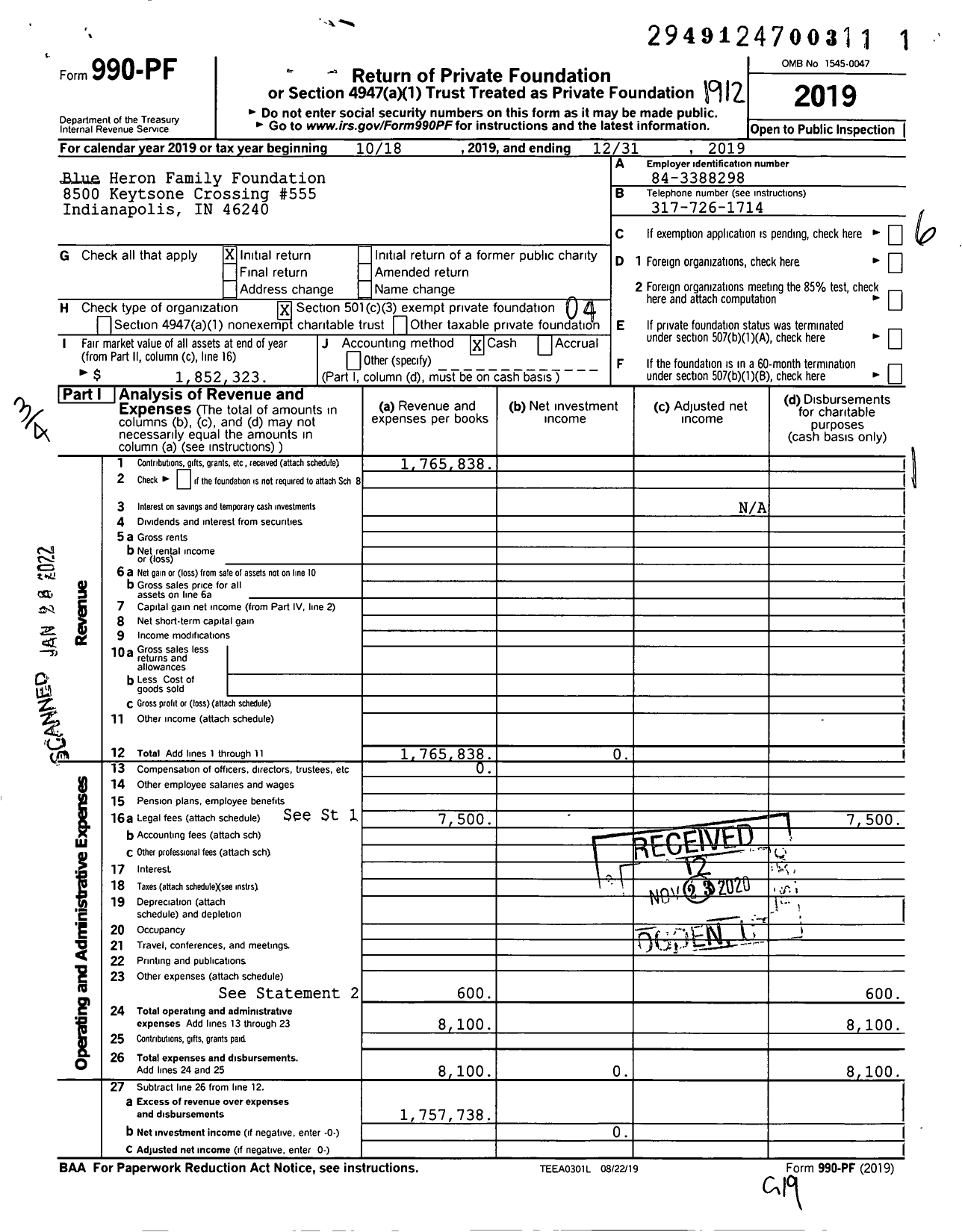 Image of first page of 2019 Form 990PF for Blue Heron Family Foundation