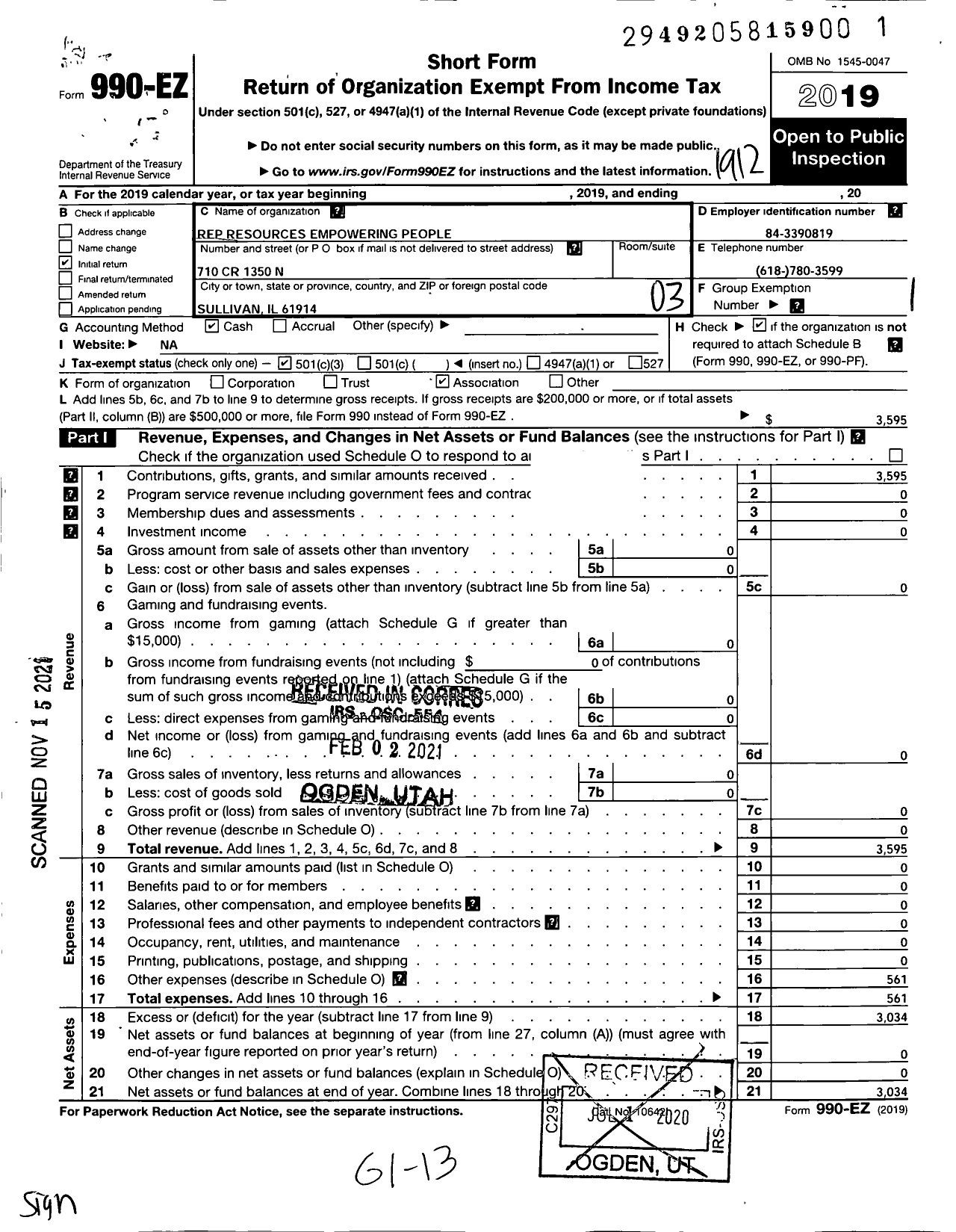 Image of first page of 2019 Form 990EZ for Rep Resources Empowering Parents