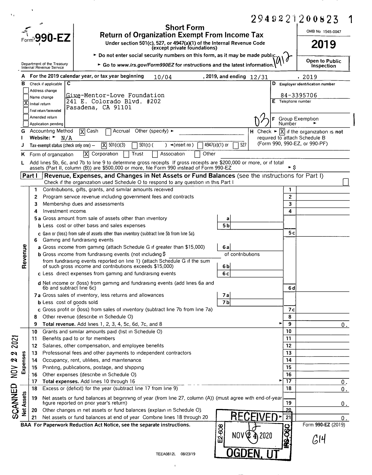 Image of first page of 2019 Form 990EZ for Give-Mentor-Love Foundation