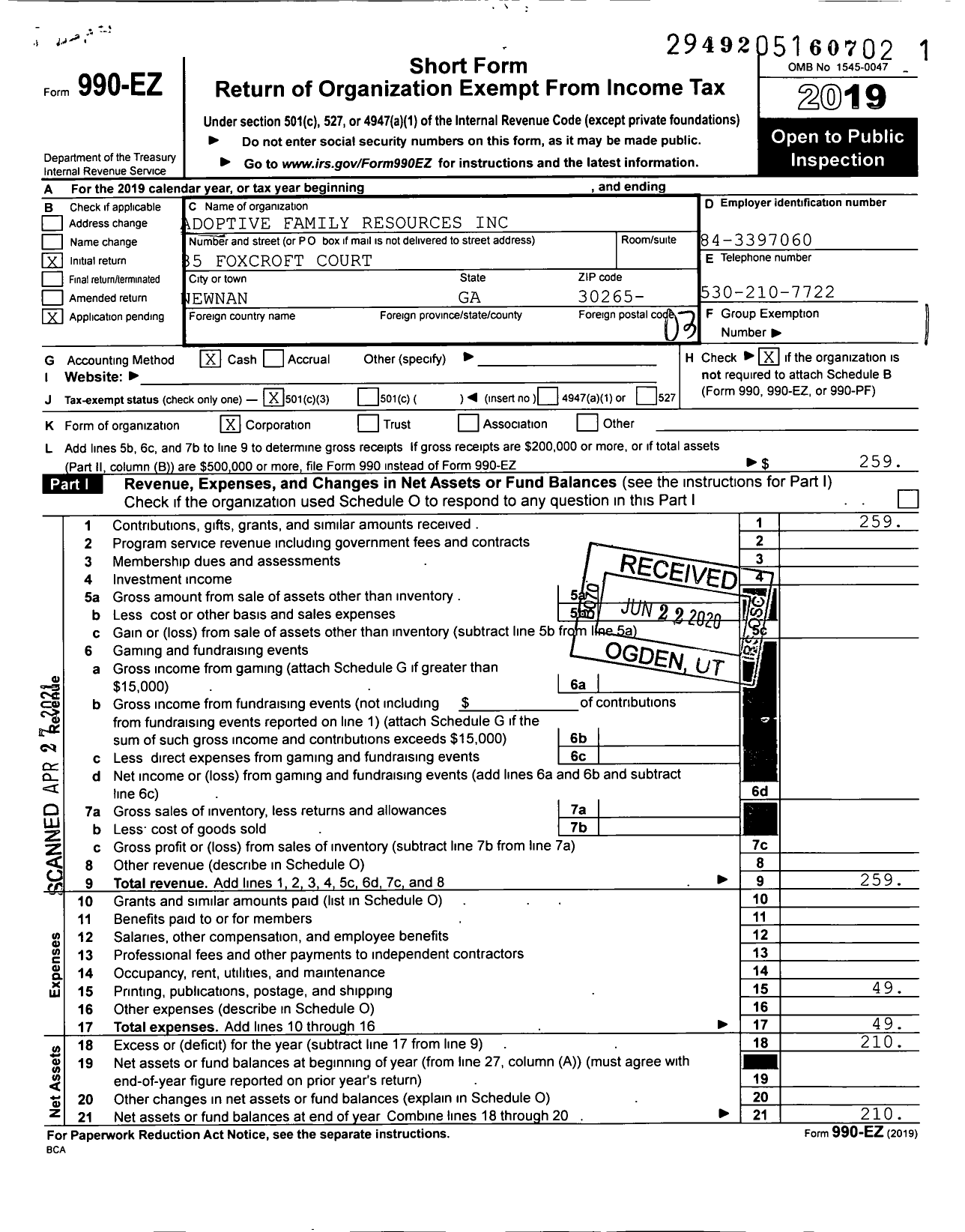 Image of first page of 2019 Form 990EZ for Adoptive Family Resources