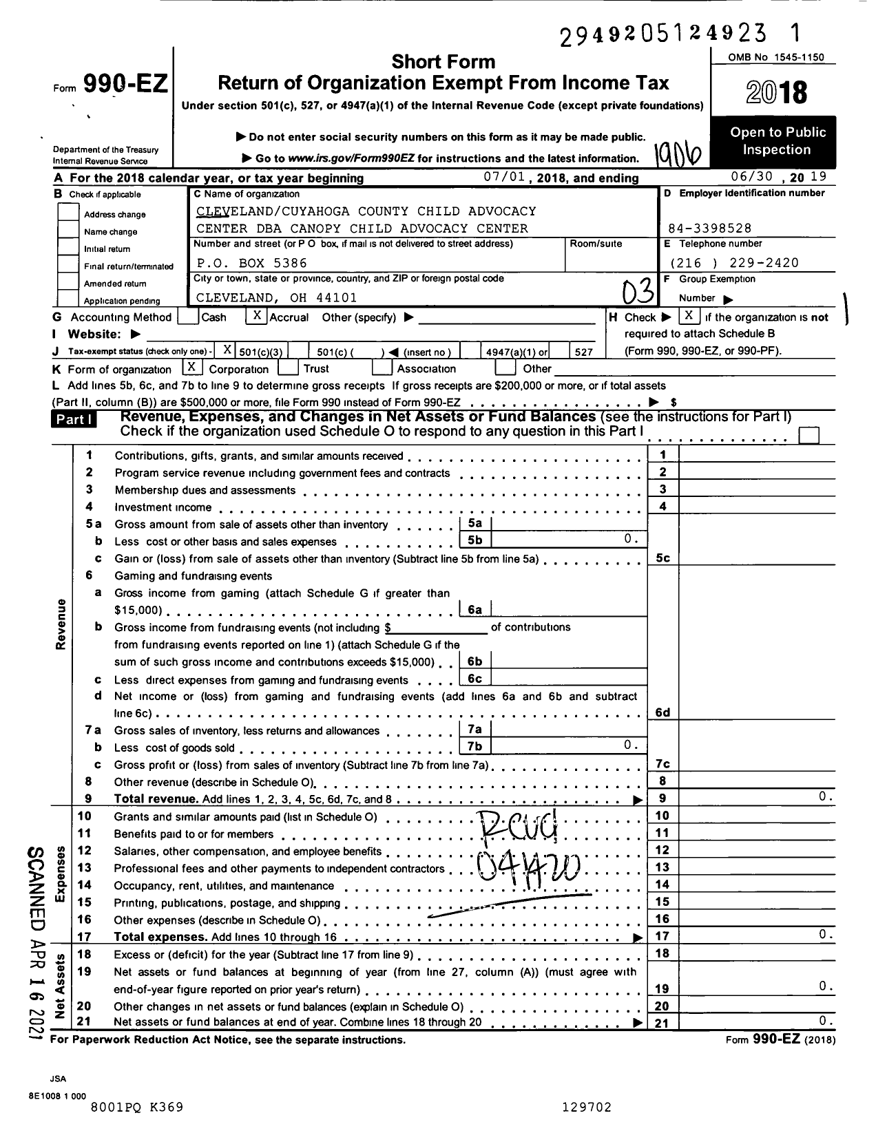 Image of first page of 2018 Form 990EZ for Canopy Child Advocacy Center