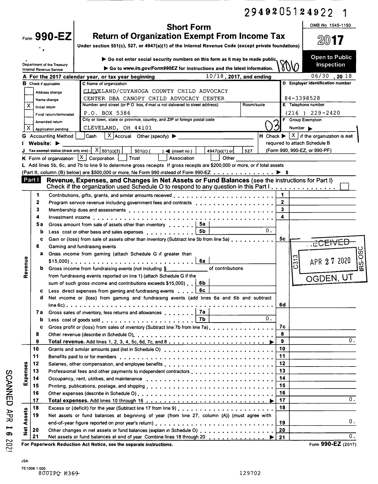 Image of first page of 2017 Form 990EZ for Canopy Child Advocacy Center