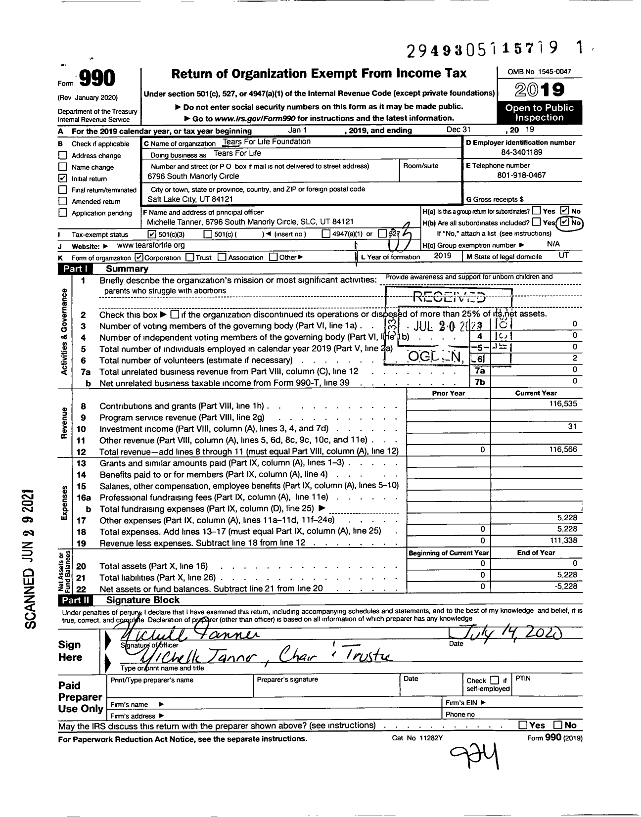 Image of first page of 2019 Form 990 for Tears for Life Foundation
