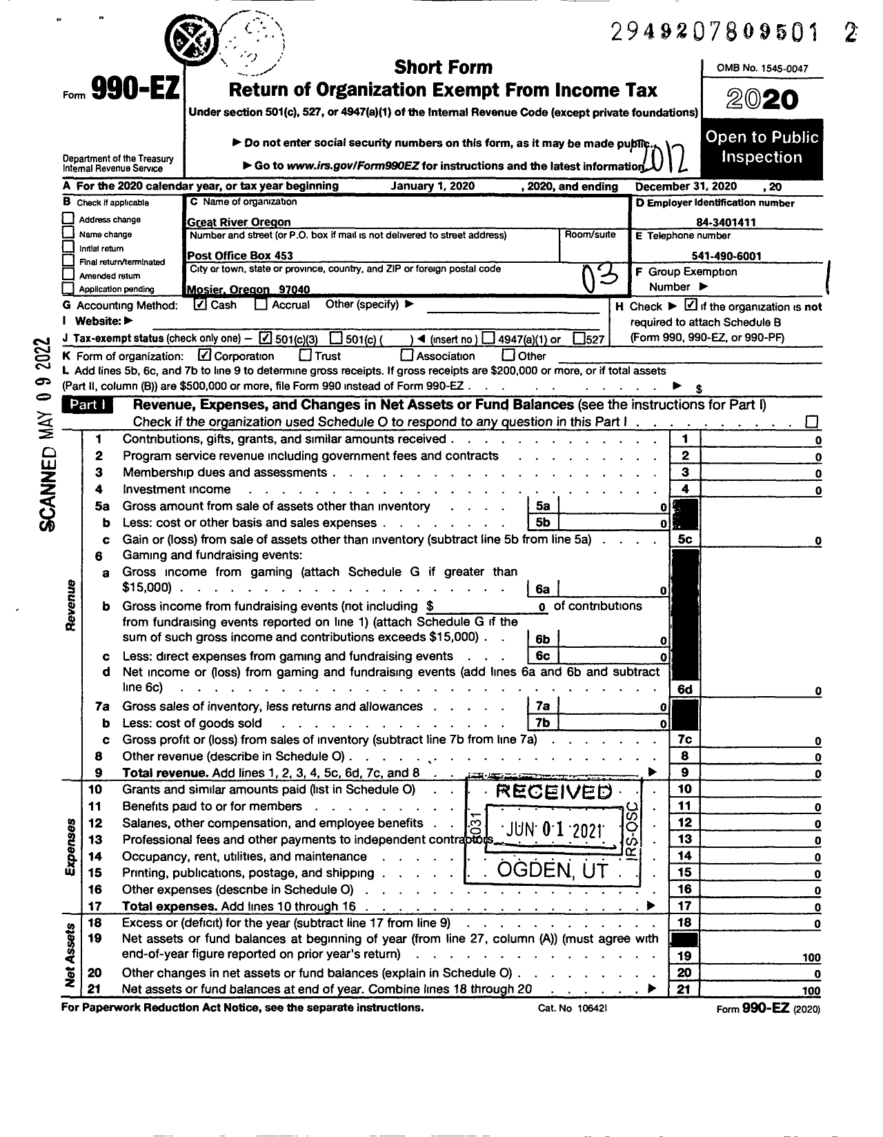 Image of first page of 2020 Form 990EZ for Great River Oregon