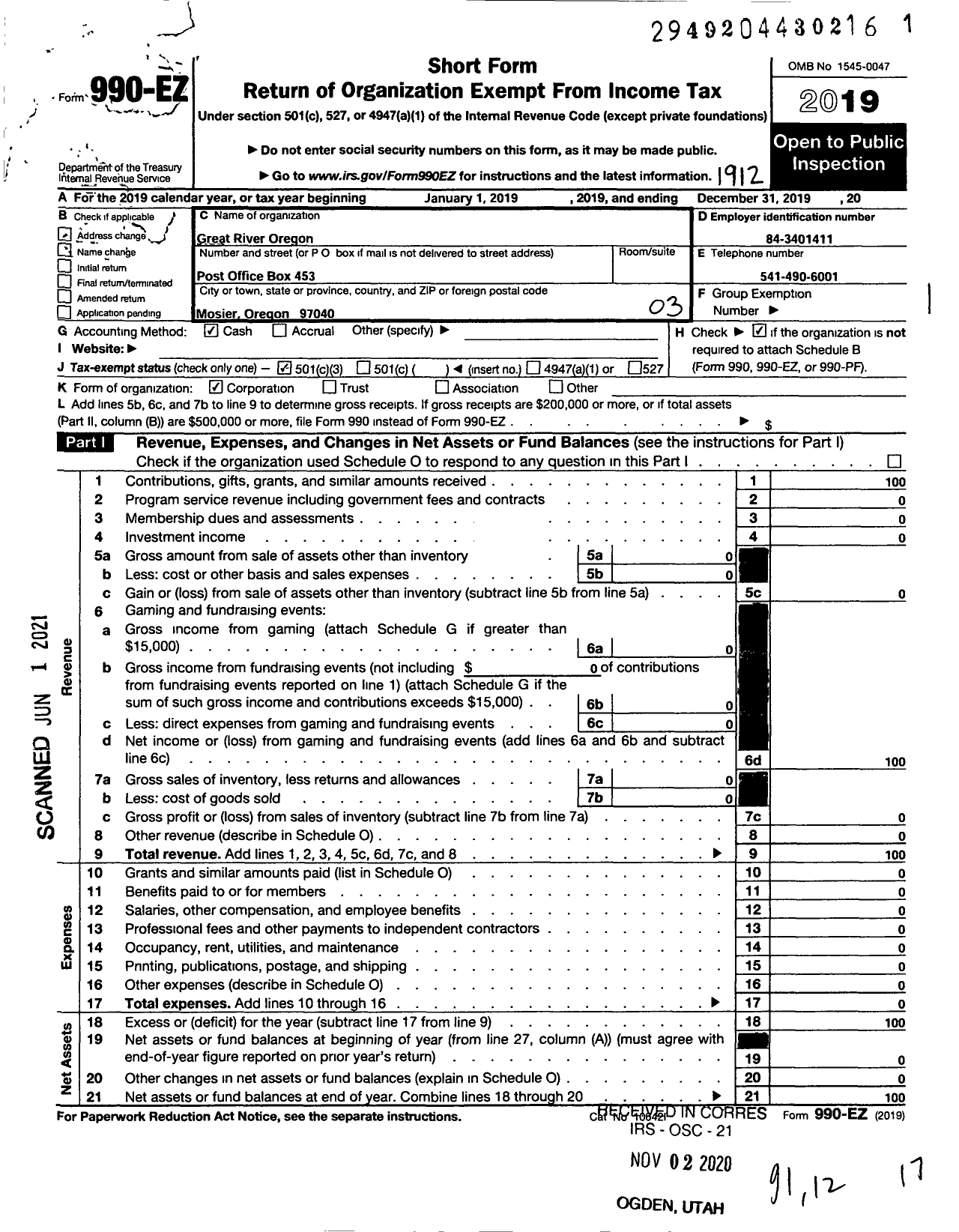 Image of first page of 2019 Form 990EZ for Great River Oregon