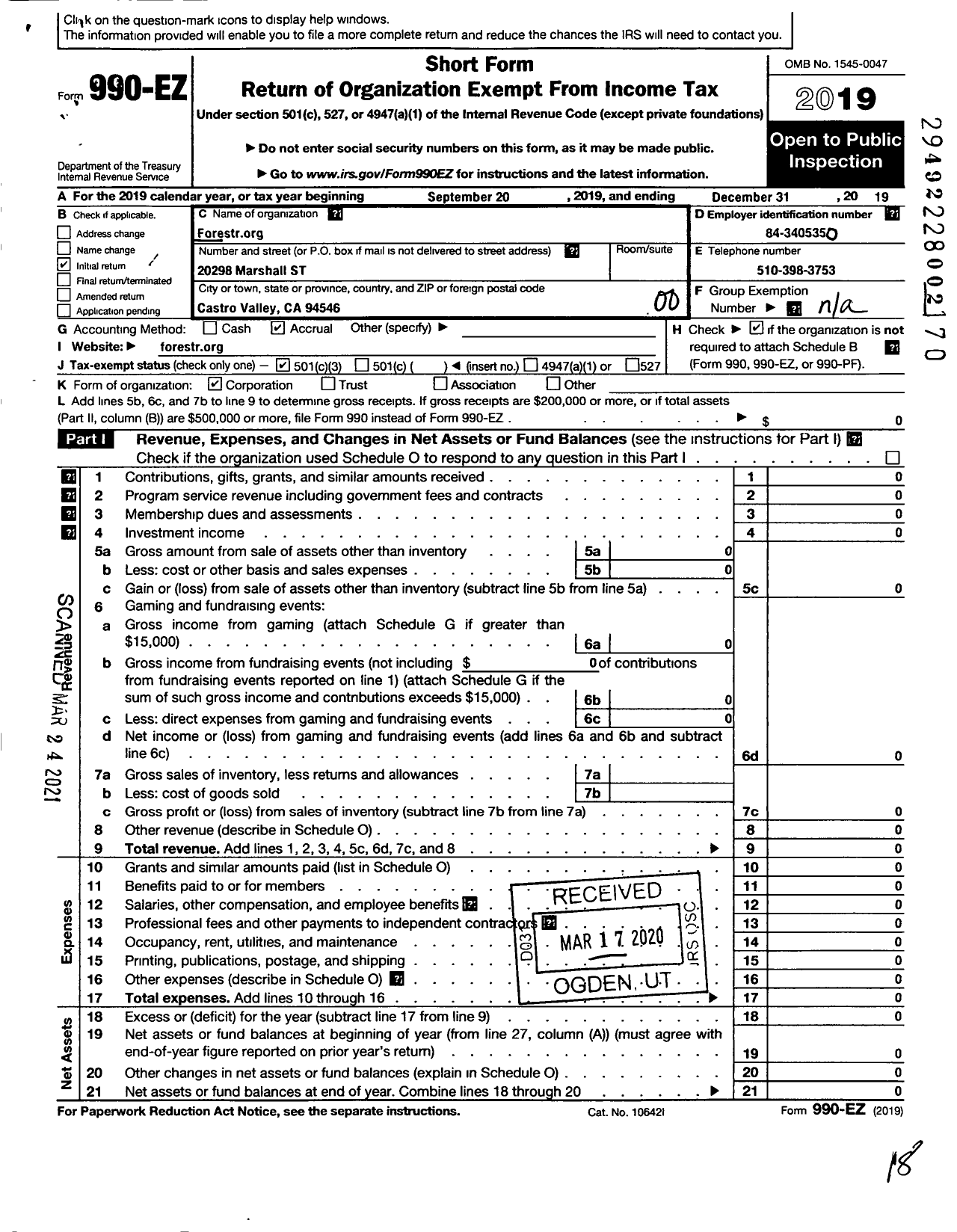 Image of first page of 2019 Form 990EO for Forestrorg