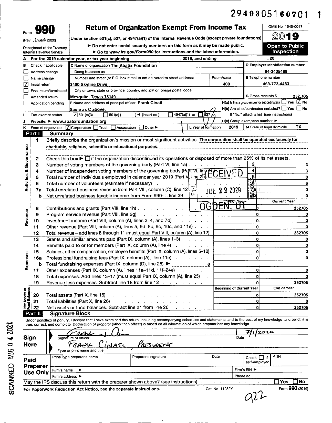 Image of first page of 2019 Form 990 for The Abatix Foundation