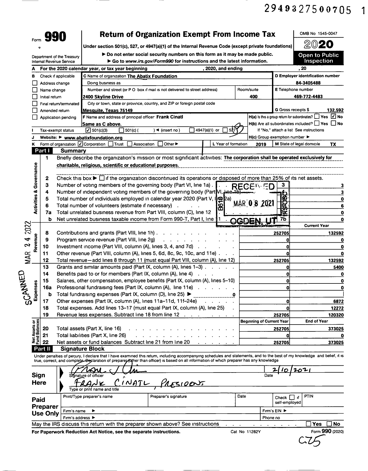 Image of first page of 2020 Form 990 for The Abatix Foundation