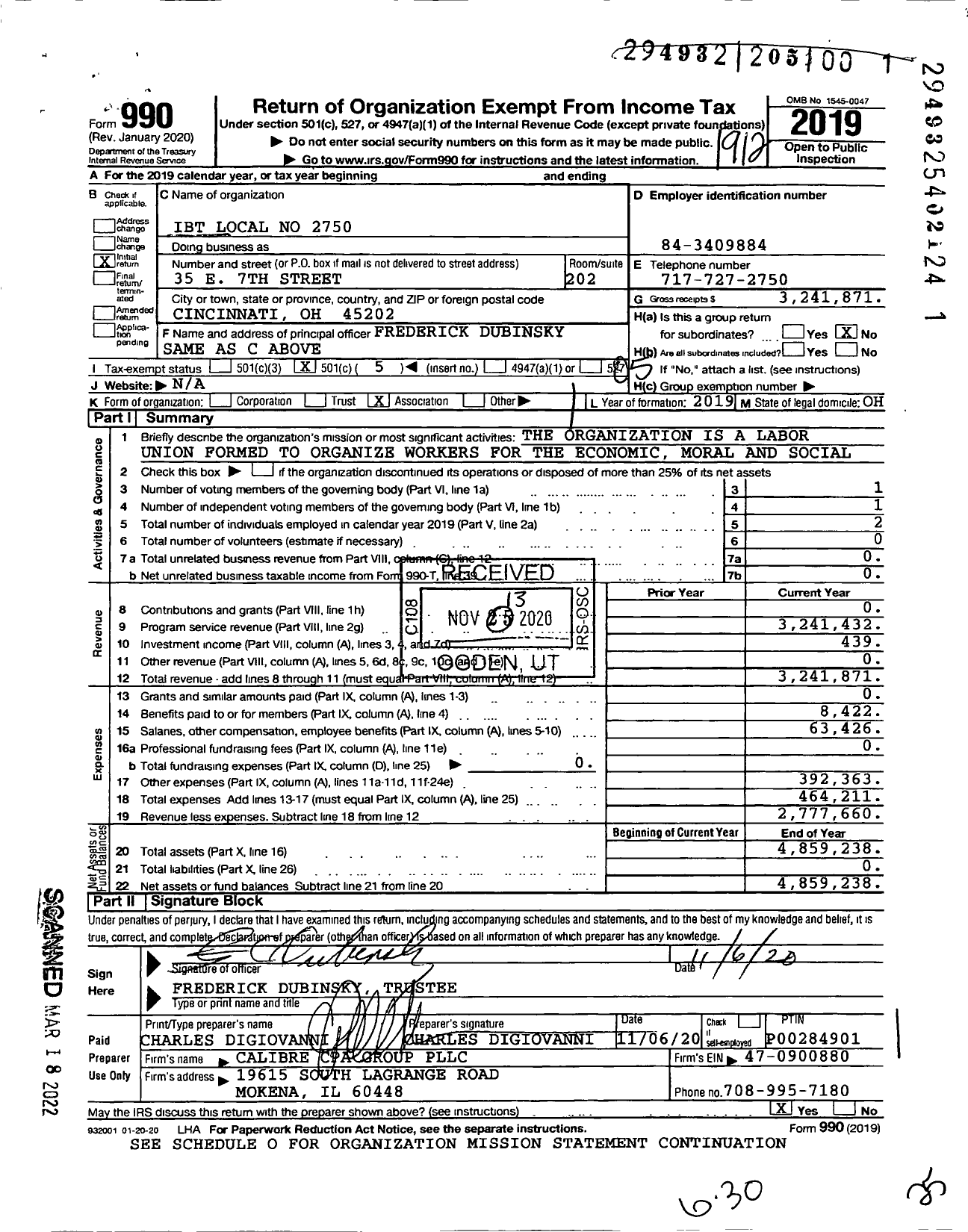 Image of first page of 2019 Form 990O for Teamsters - Ibt Local No 2750