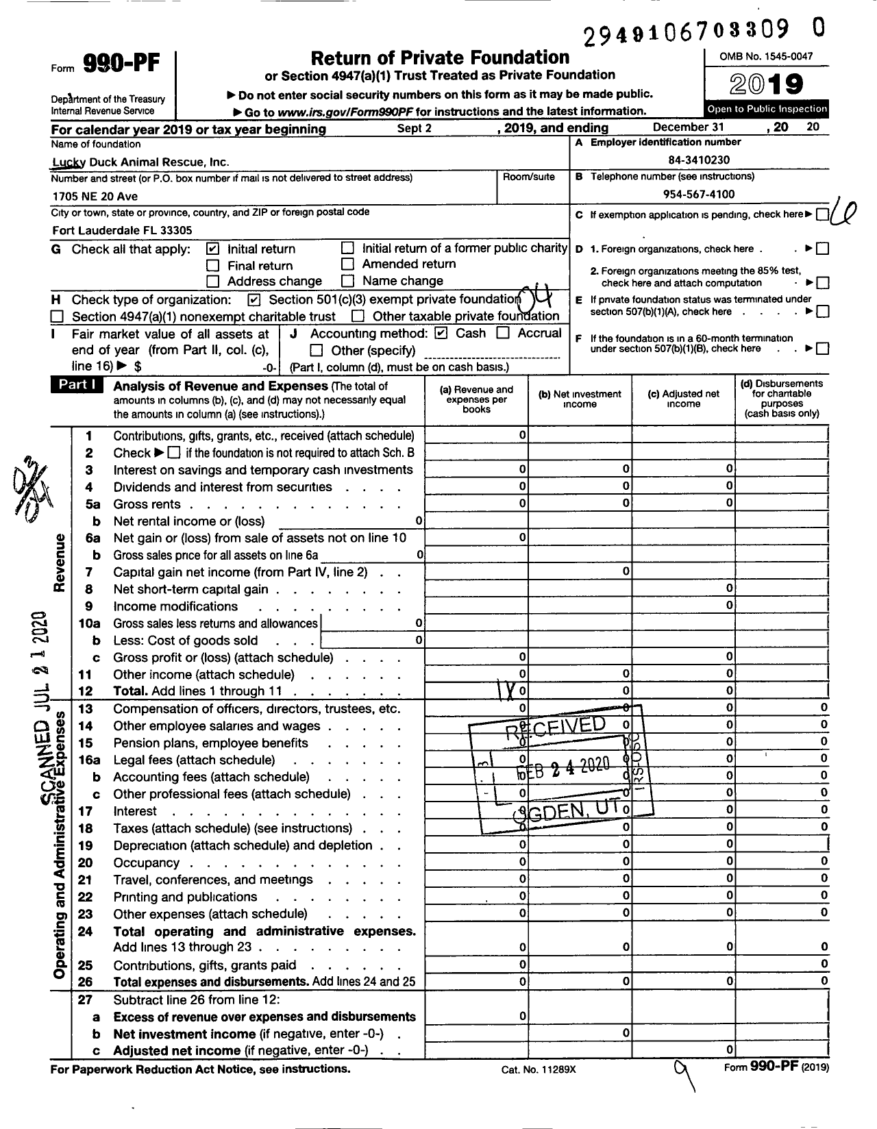 Image of first page of 2020 Form 990PR for Lucky Duck Animal Rescue