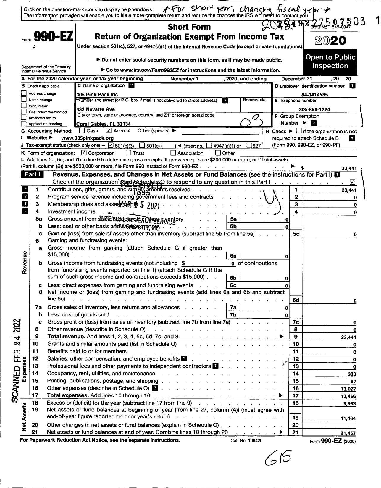 Image of first page of 2020 Form 990EZ for 305 Pink Pack