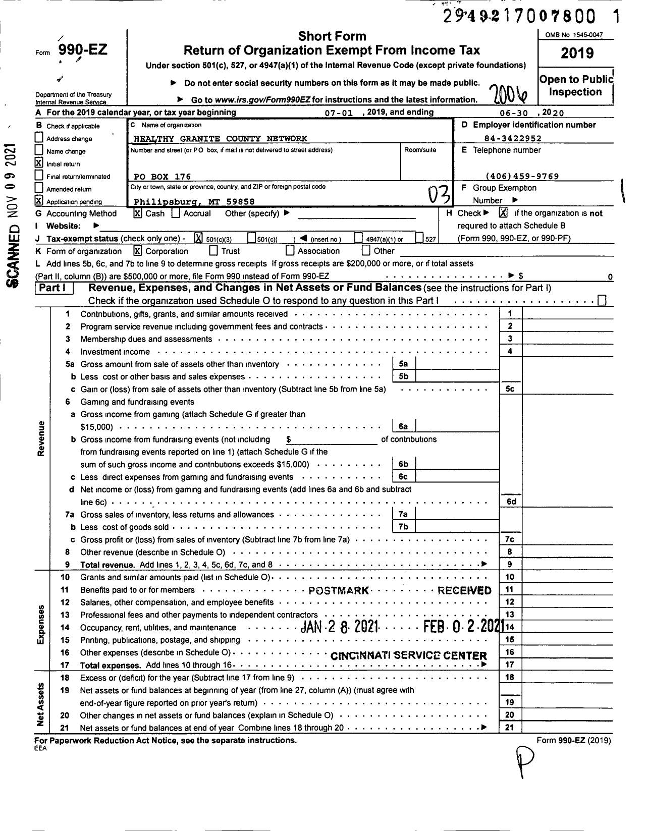 Image of first page of 2019 Form 990EZ for Healthy Granite County Network