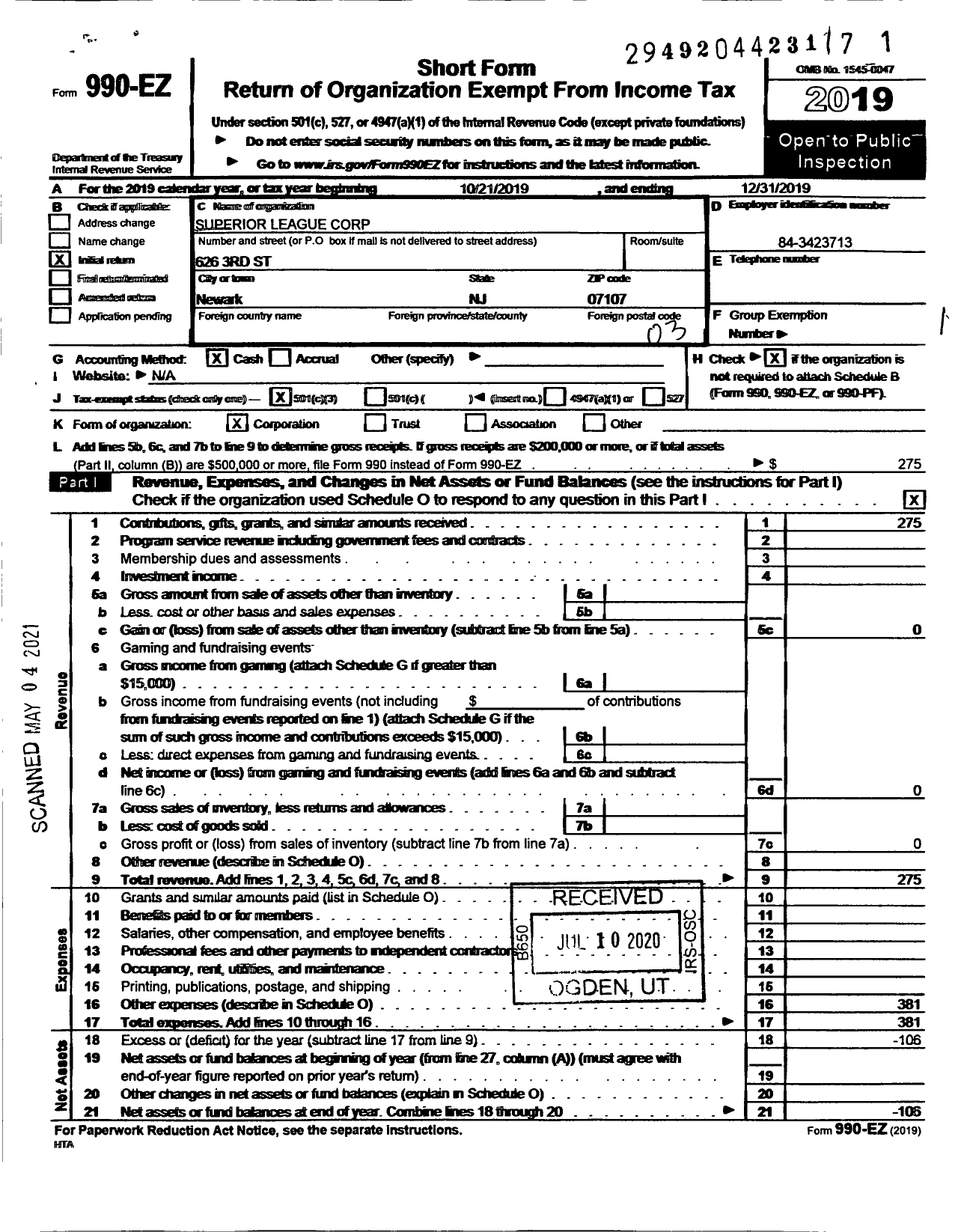 Image of first page of 2019 Form 990EZ for Superior League Corporation