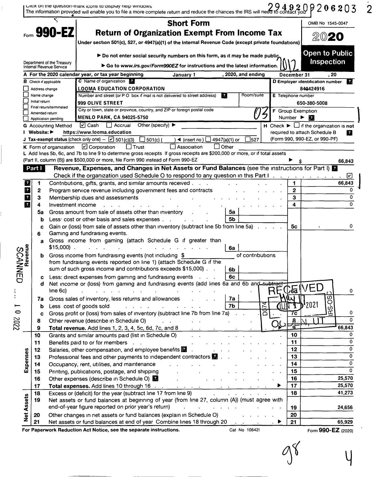 Image of first page of 2020 Form 990EZ for Looma Education Corporation