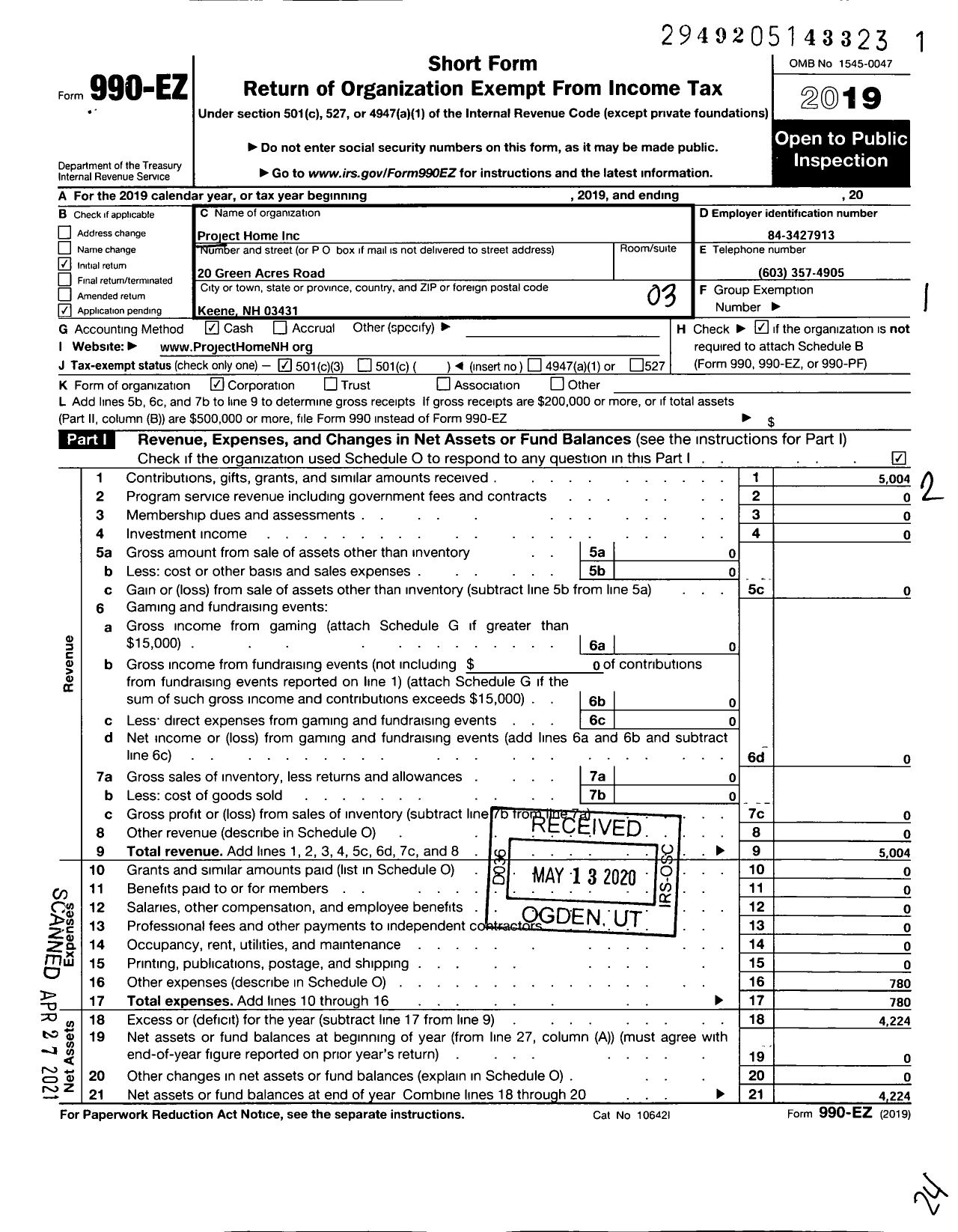 Image of first page of 2019 Form 990EZ for Project Home