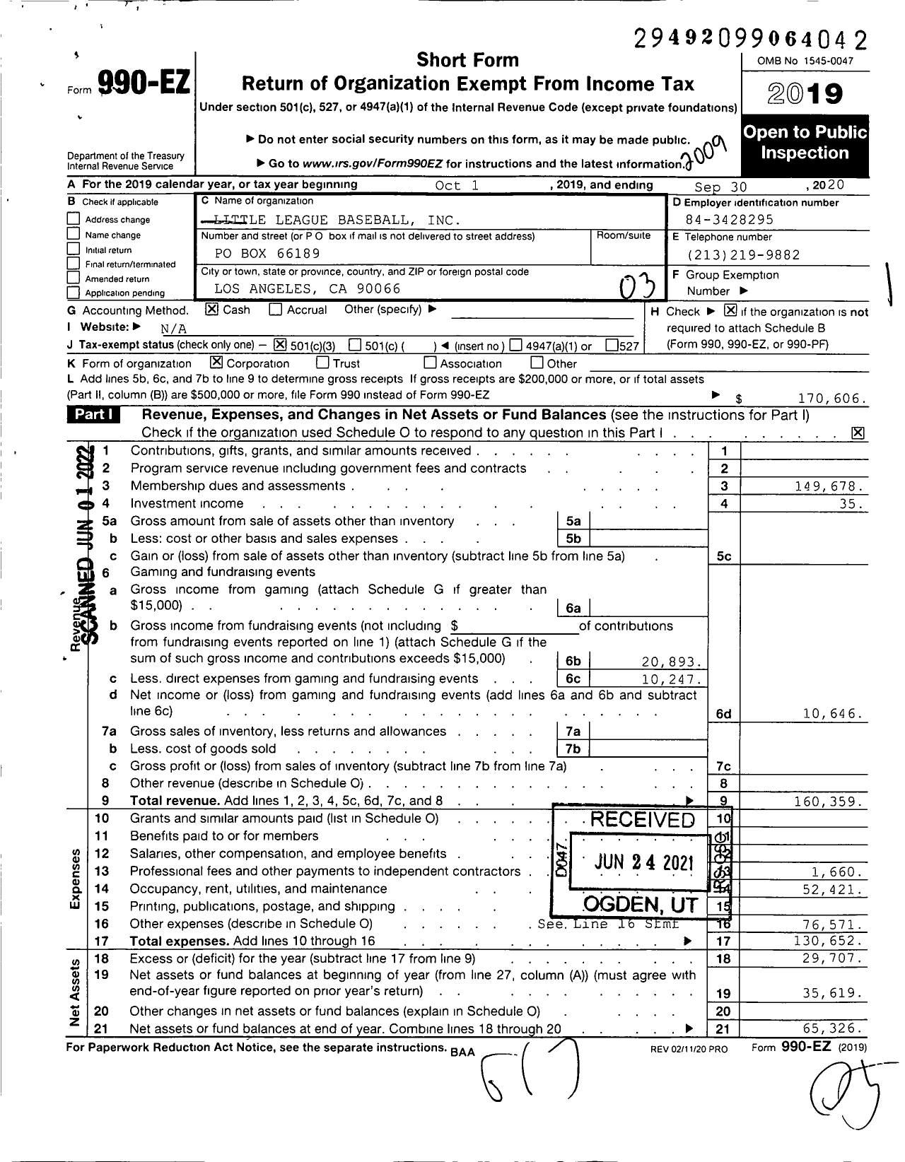 Image of first page of 2019 Form 990EZ for Little League Baseball - 4052507 North Venice LL