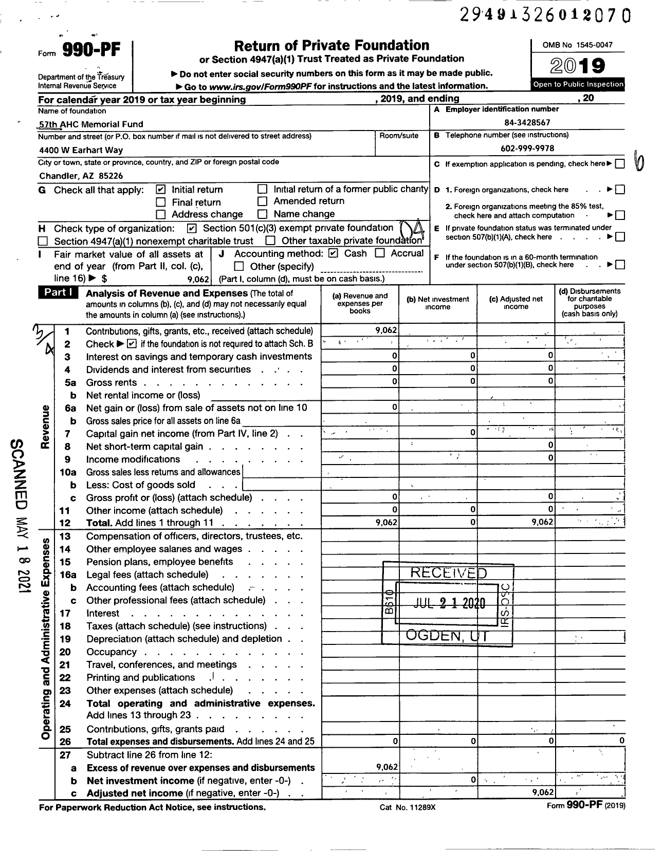 Image of first page of 2019 Form 990PF for 57th Ahc Memorial Fund