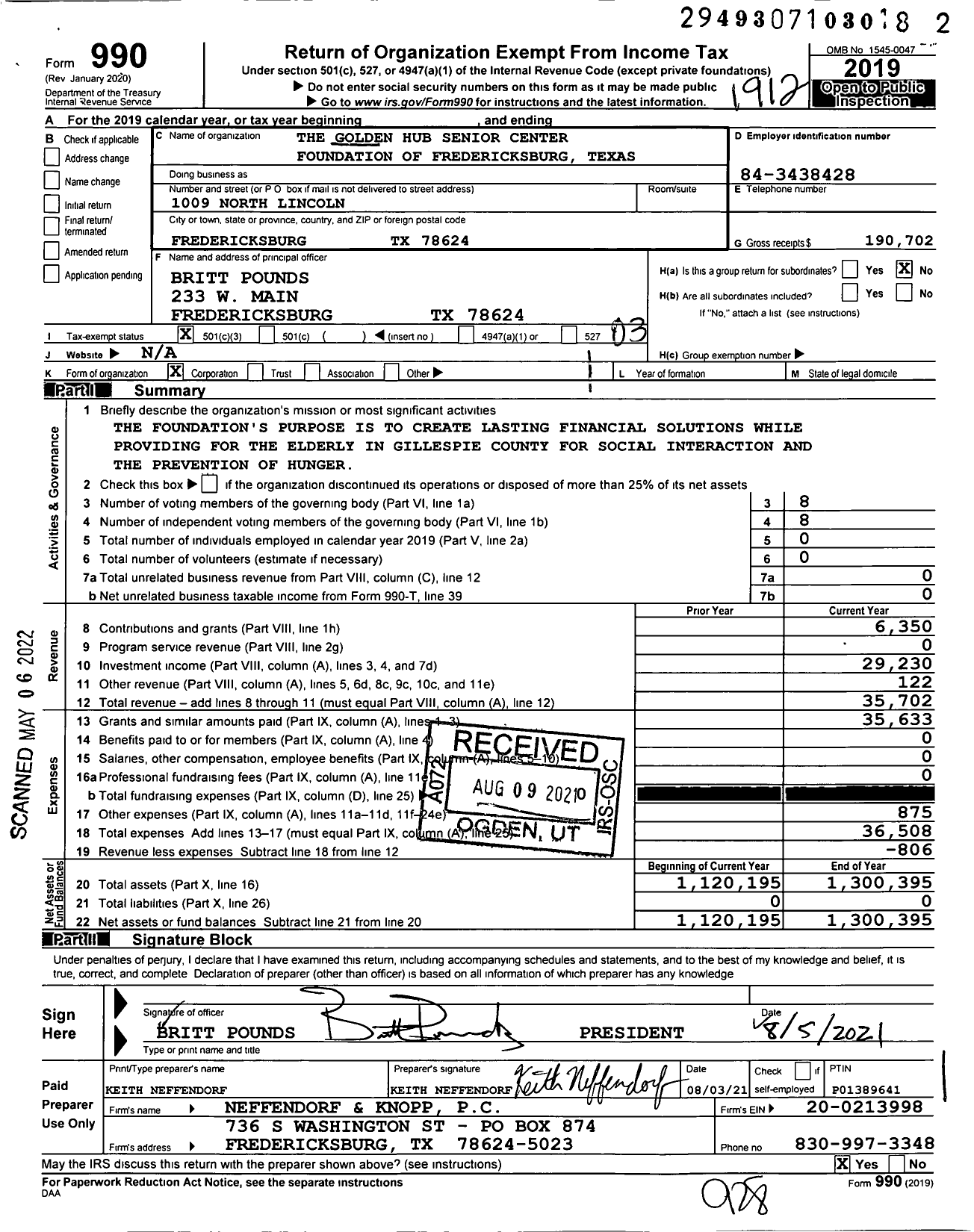 Image of first page of 2019 Form 990 for The Golden Hub Senior Center Foundation of Fredericksburg