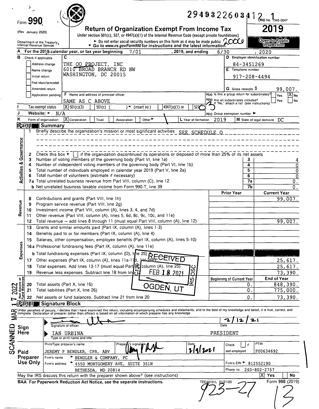 Image of first page of 2019 Form 990 for Oo Project