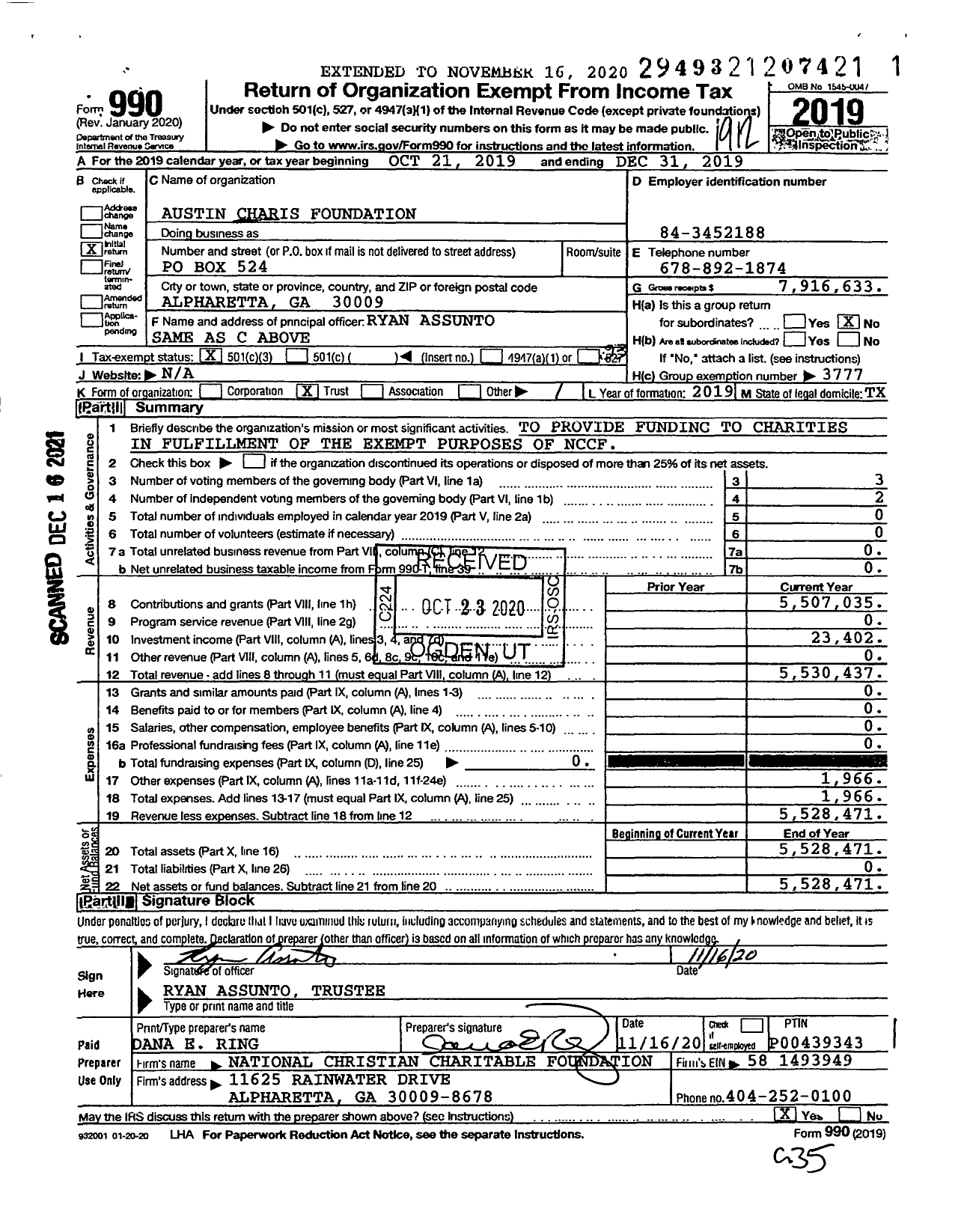 Image of first page of 2019 Form 990 for Austin Charis Foundation