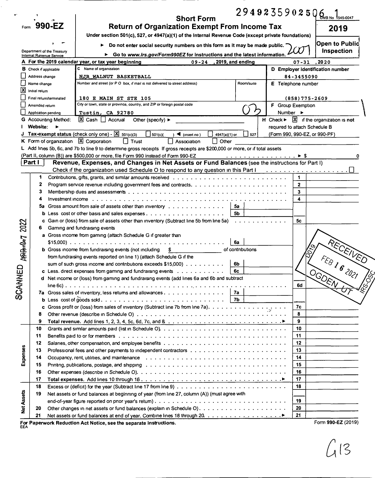 Image of first page of 2019 Form 990EZ for NJB Walnut Basketball