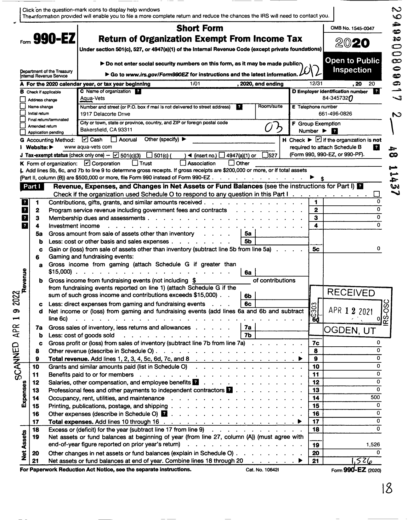 Image of first page of 2020 Form 990EZ for Aqua-Vets