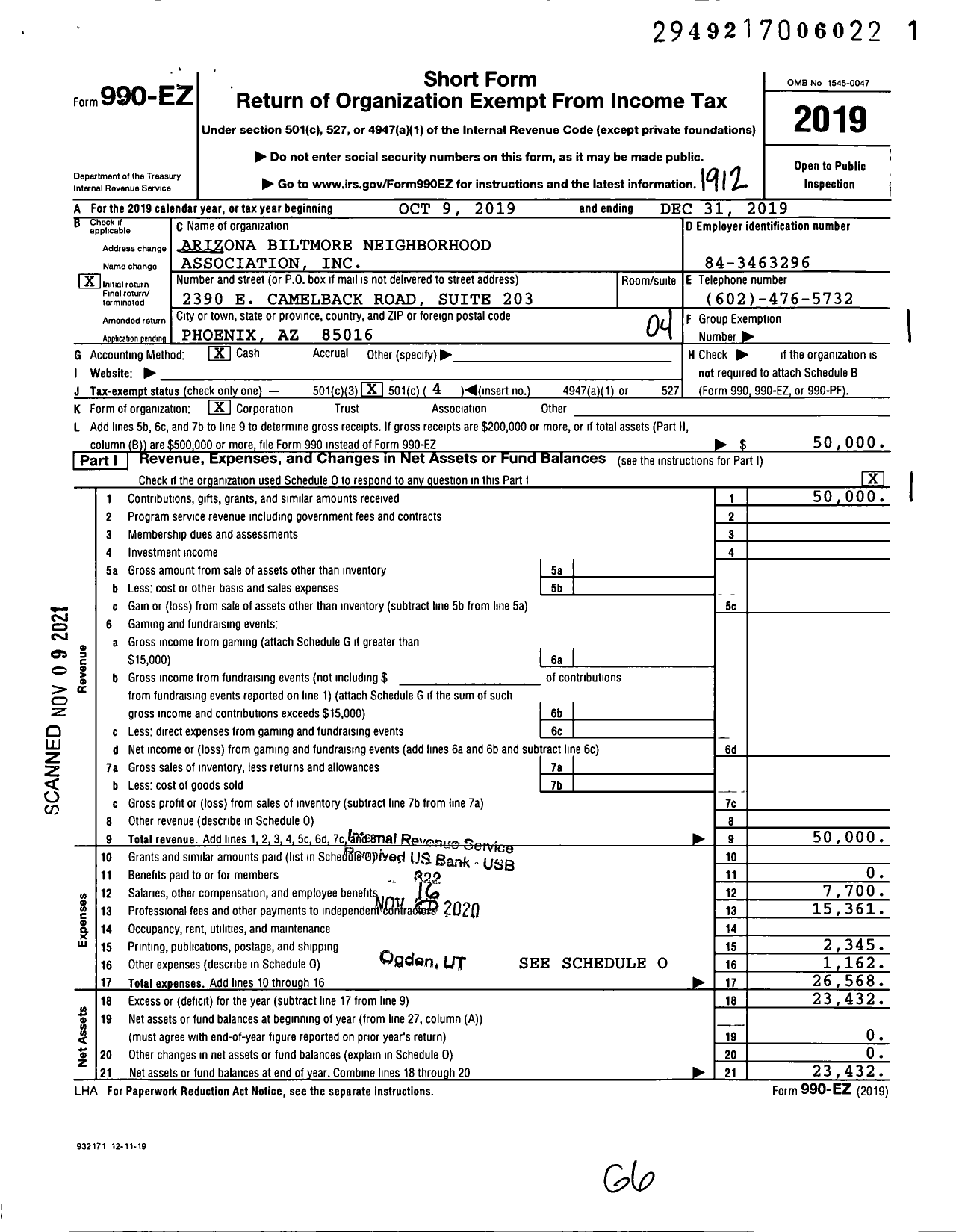 Image of first page of 2019 Form 990EO for Arizona Biltmore Neighborhood Association