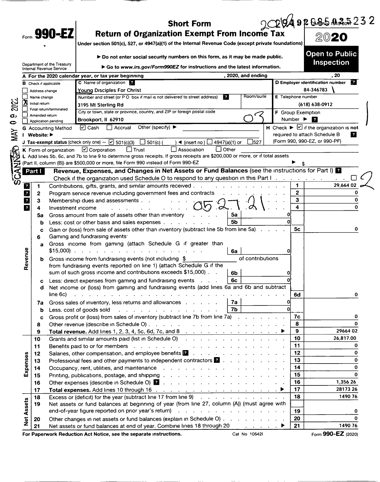 Image of first page of 2020 Form 990EZ for Young Disciples for Christ