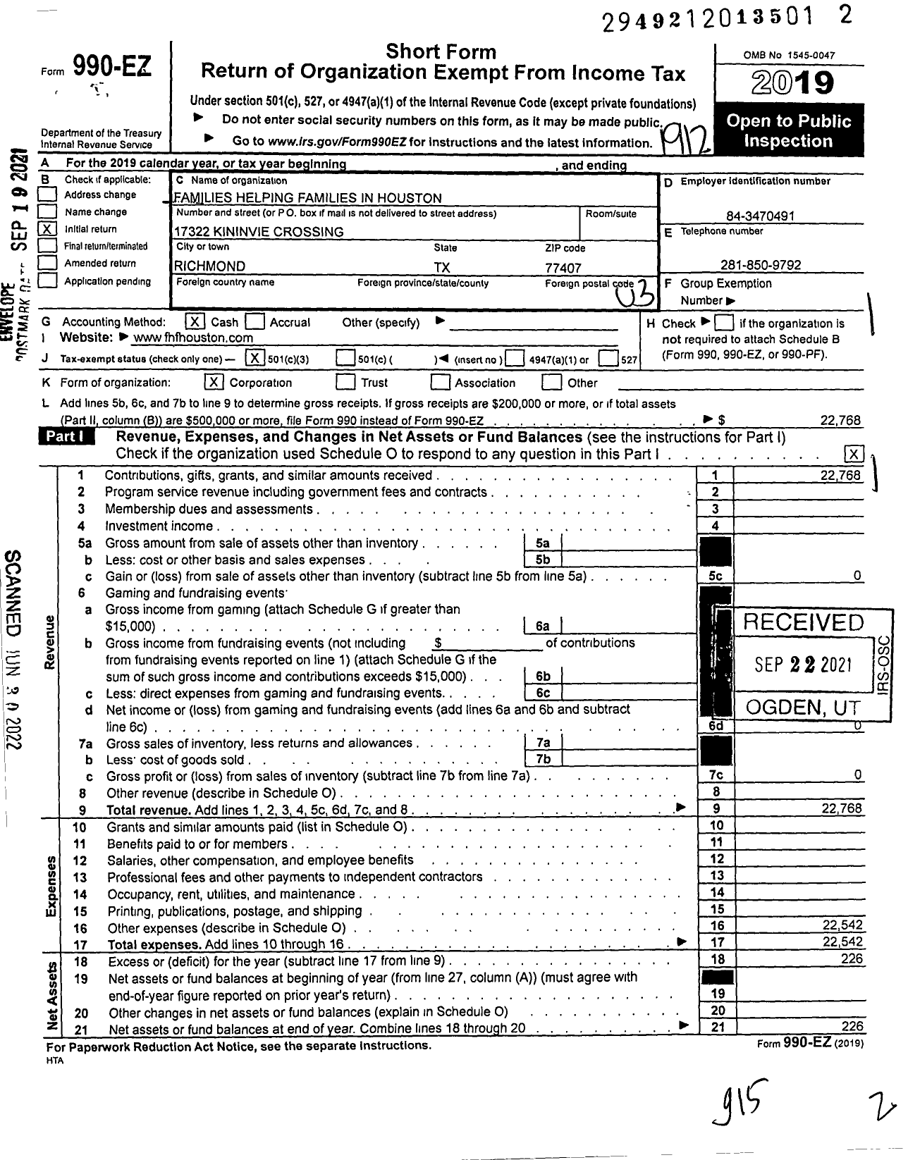 Image of first page of 2019 Form 990EZ for Families Helping Families in Houston