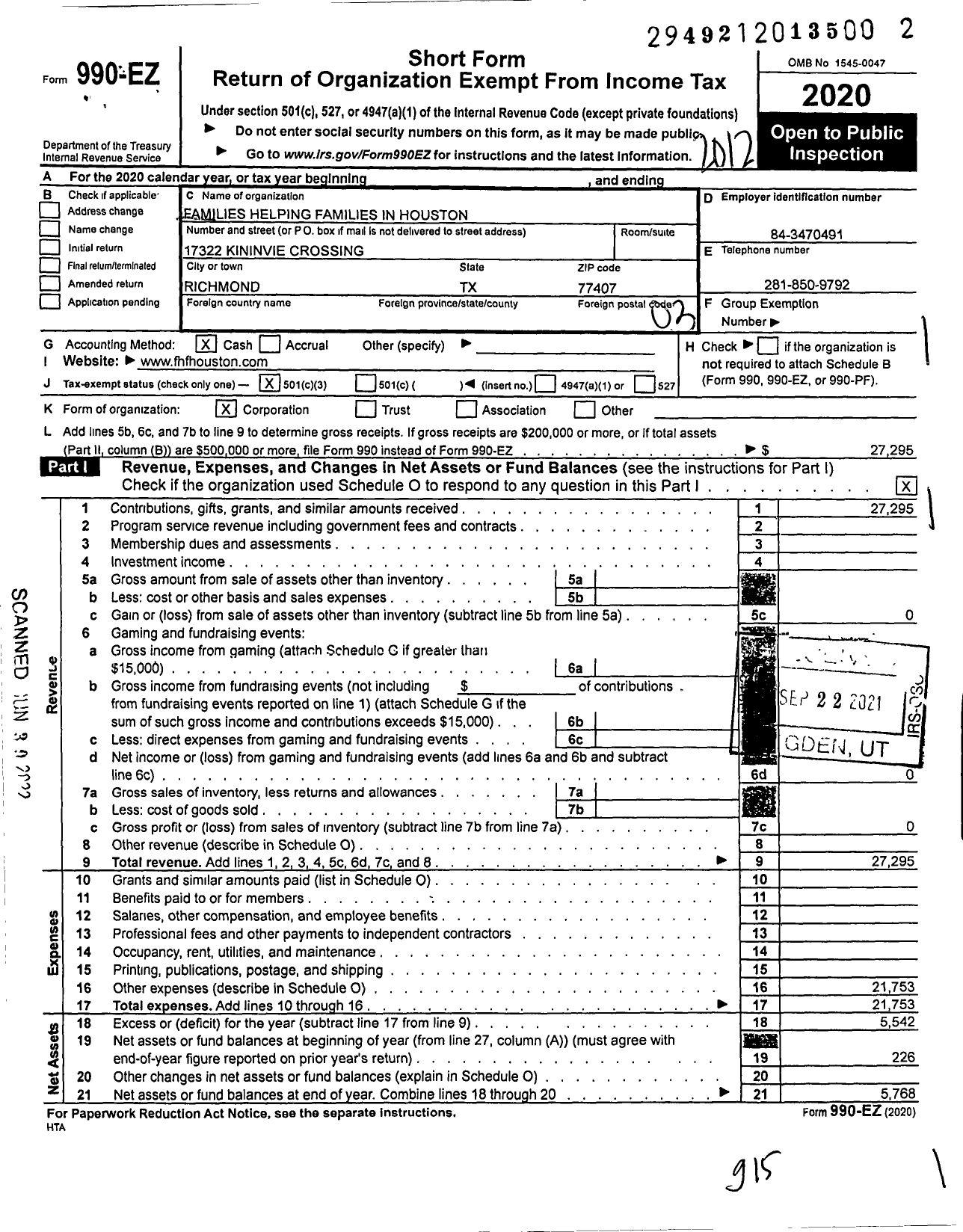 Image of first page of 2020 Form 990EZ for Families Helping Families in Houston