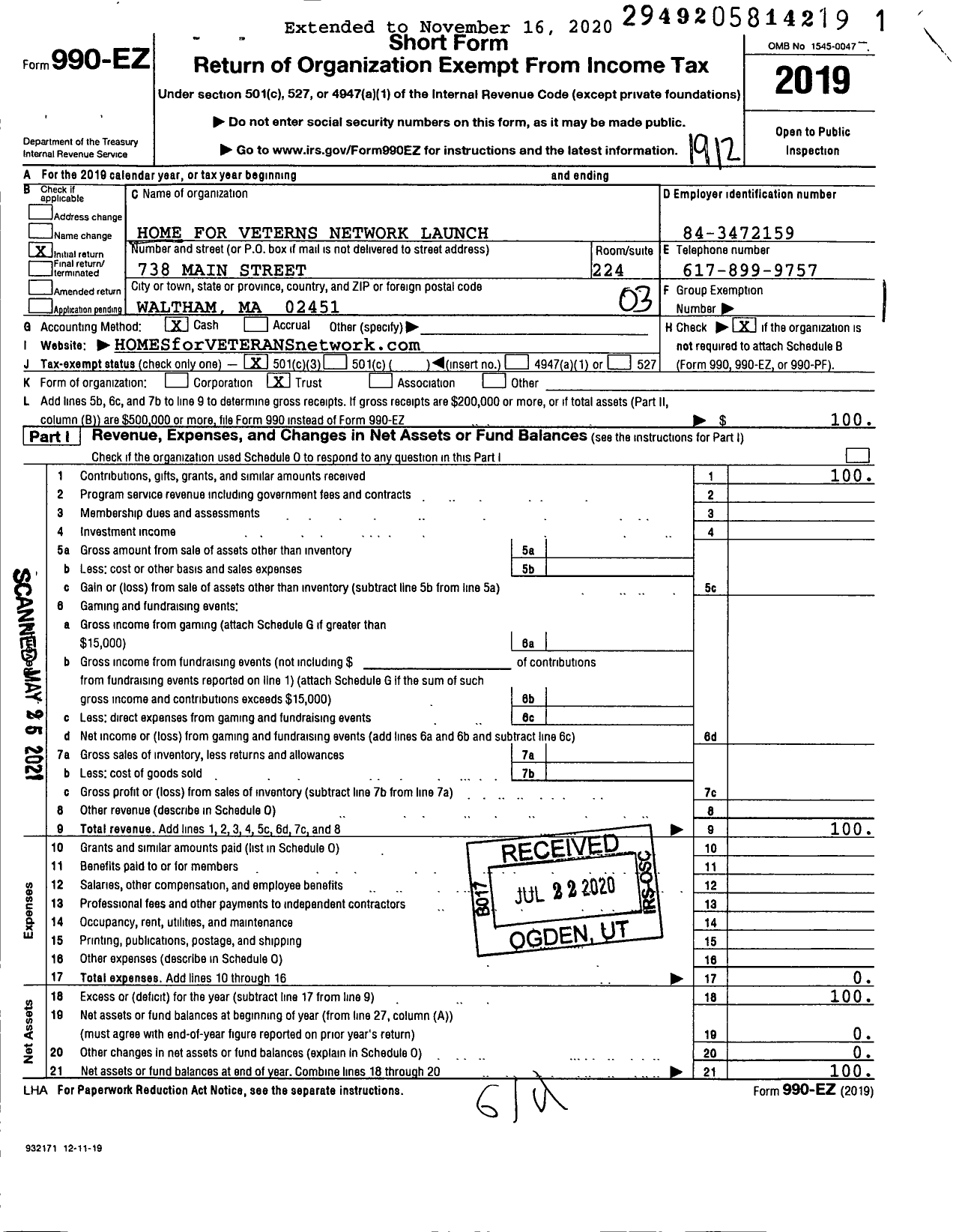 Image of first page of 2019 Form 990EZ for Home for Veterans Network Launch