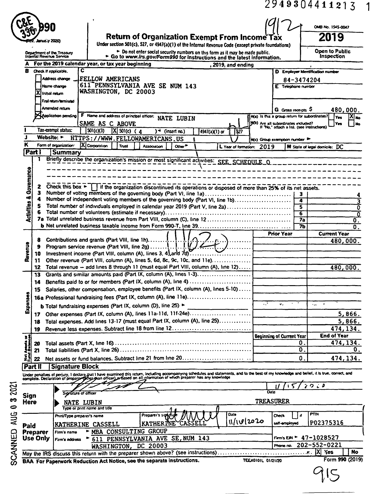 Image of first page of 2019 Form 990O for Fellow Americans