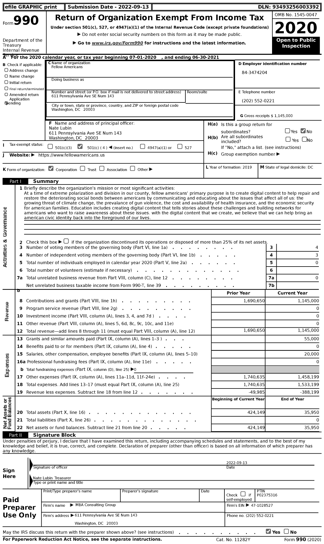 Image of first page of 2020 Form 990 for Fellow Americans