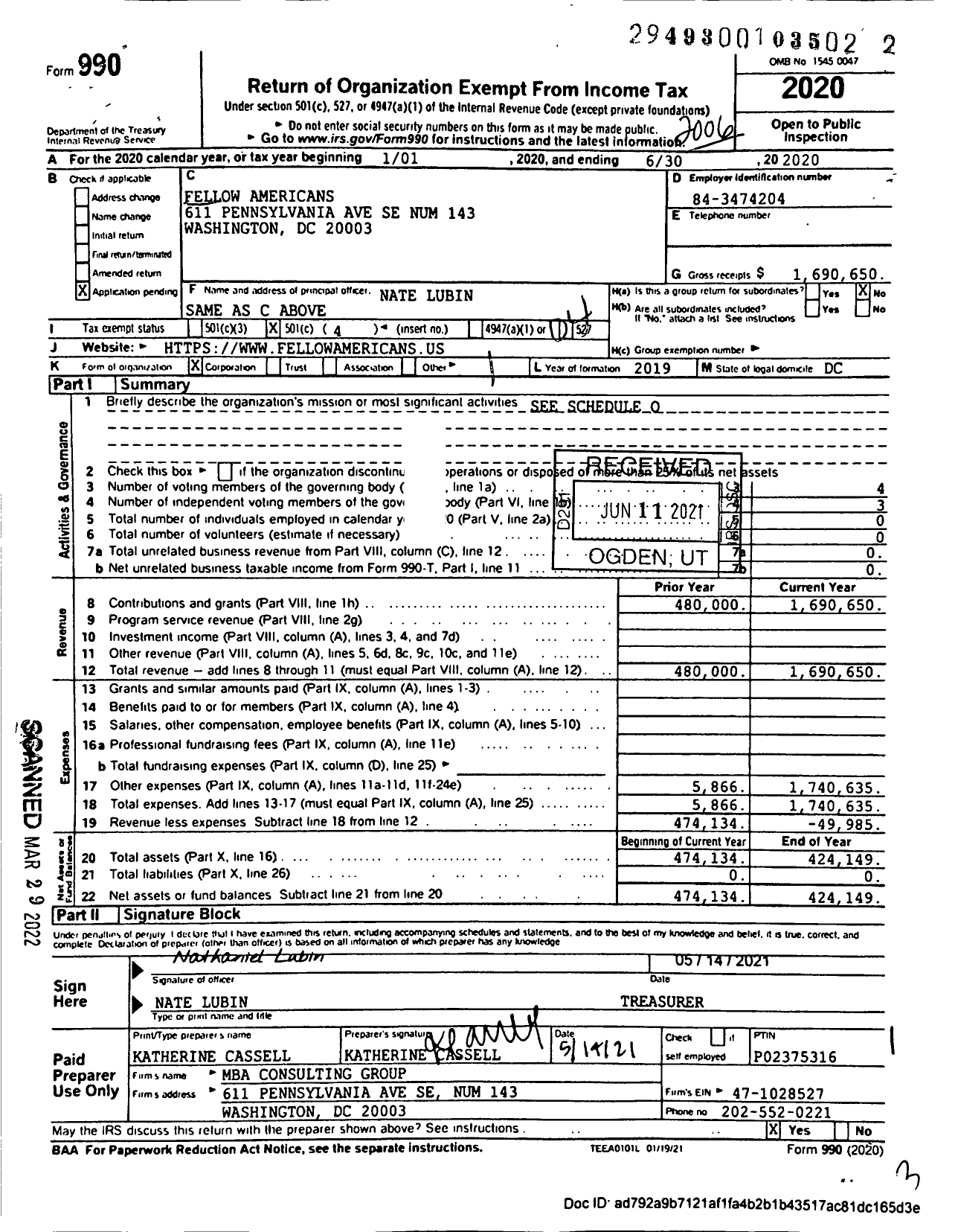 Image of first page of 2019 Form 990O for Fellow Americans