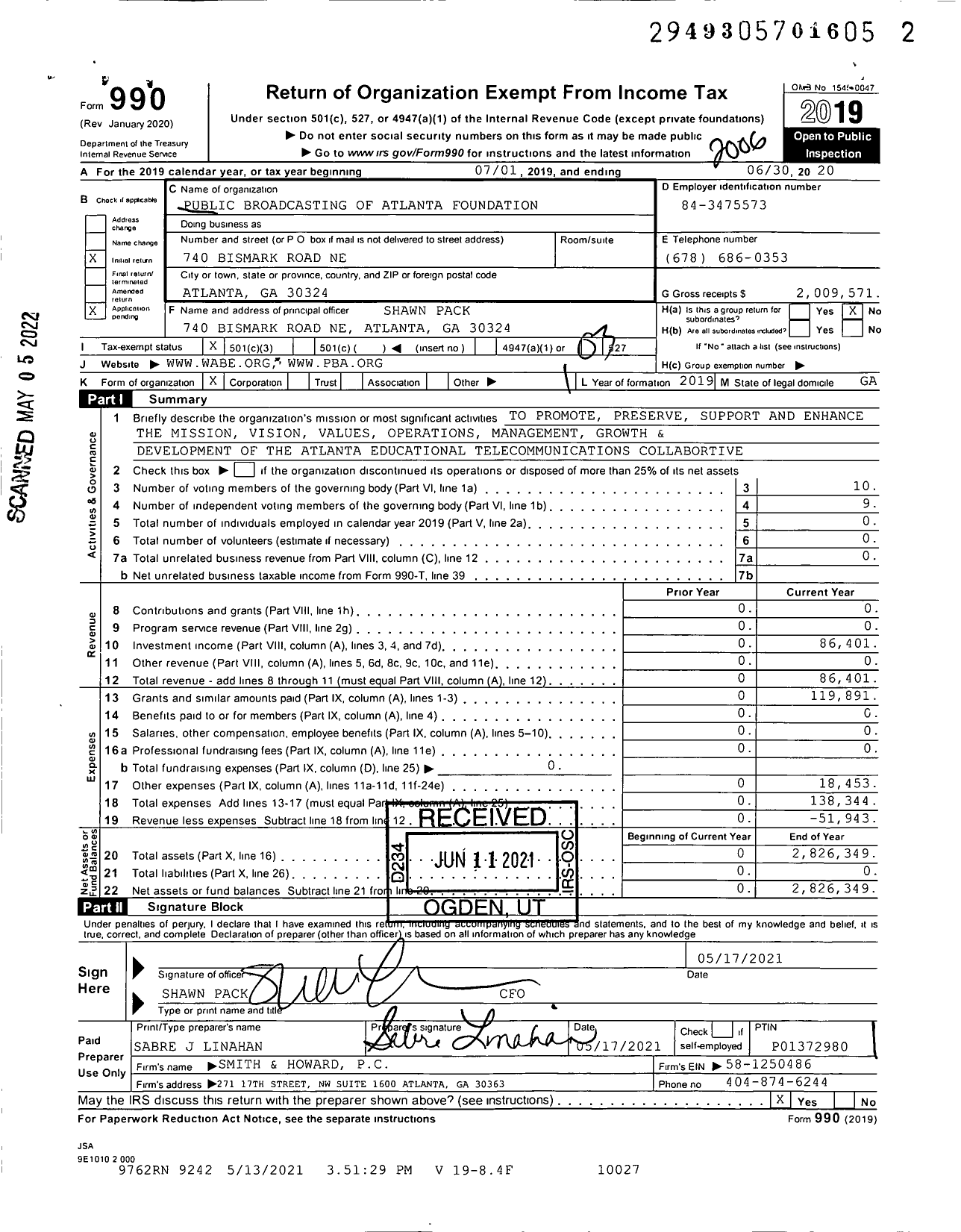 Image of first page of 2019 Form 990 for Wabe Foundation