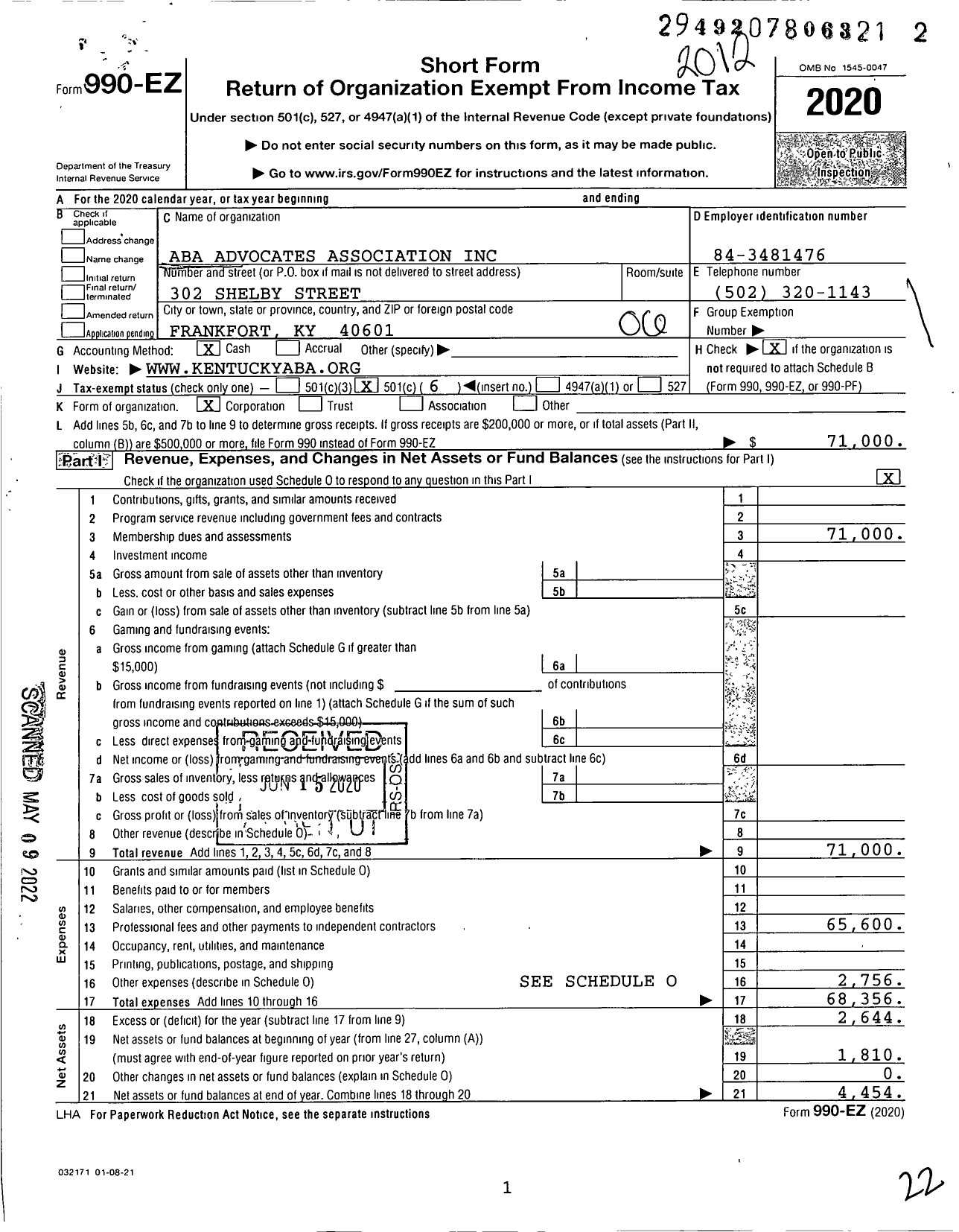 Image of first page of 2020 Form 990EO for Aba Advocates Association