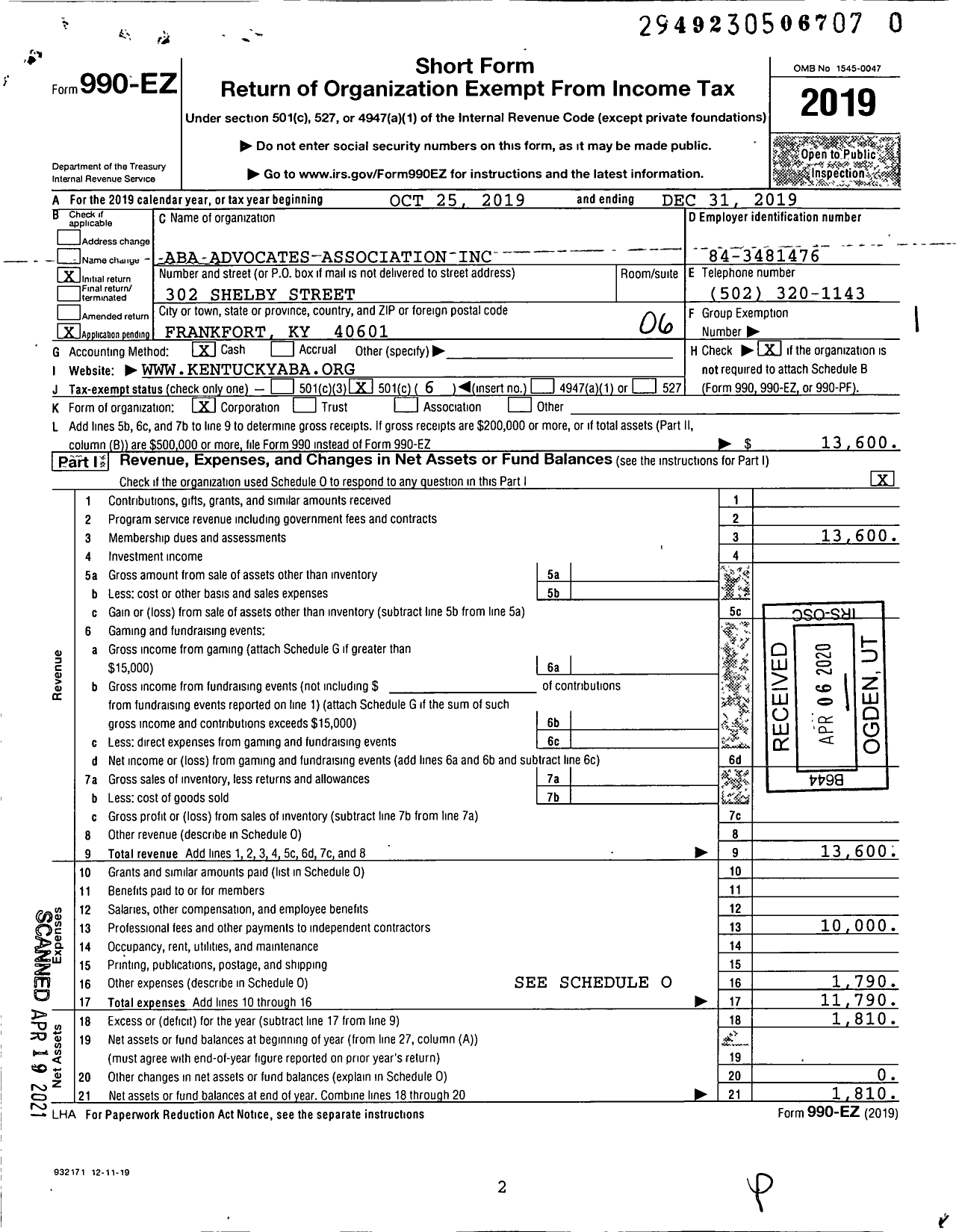 Image of first page of 2019 Form 990EO for Aba Advocates Association