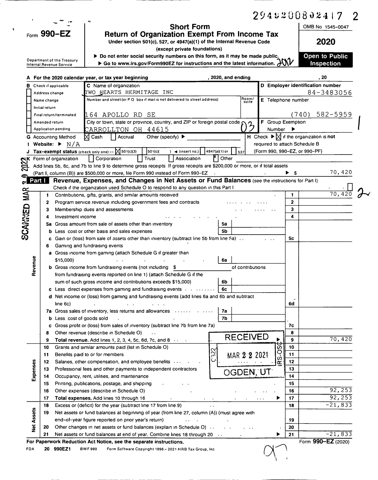 Image of first page of 2020 Form 990EZ for Two Hearts Hermitage