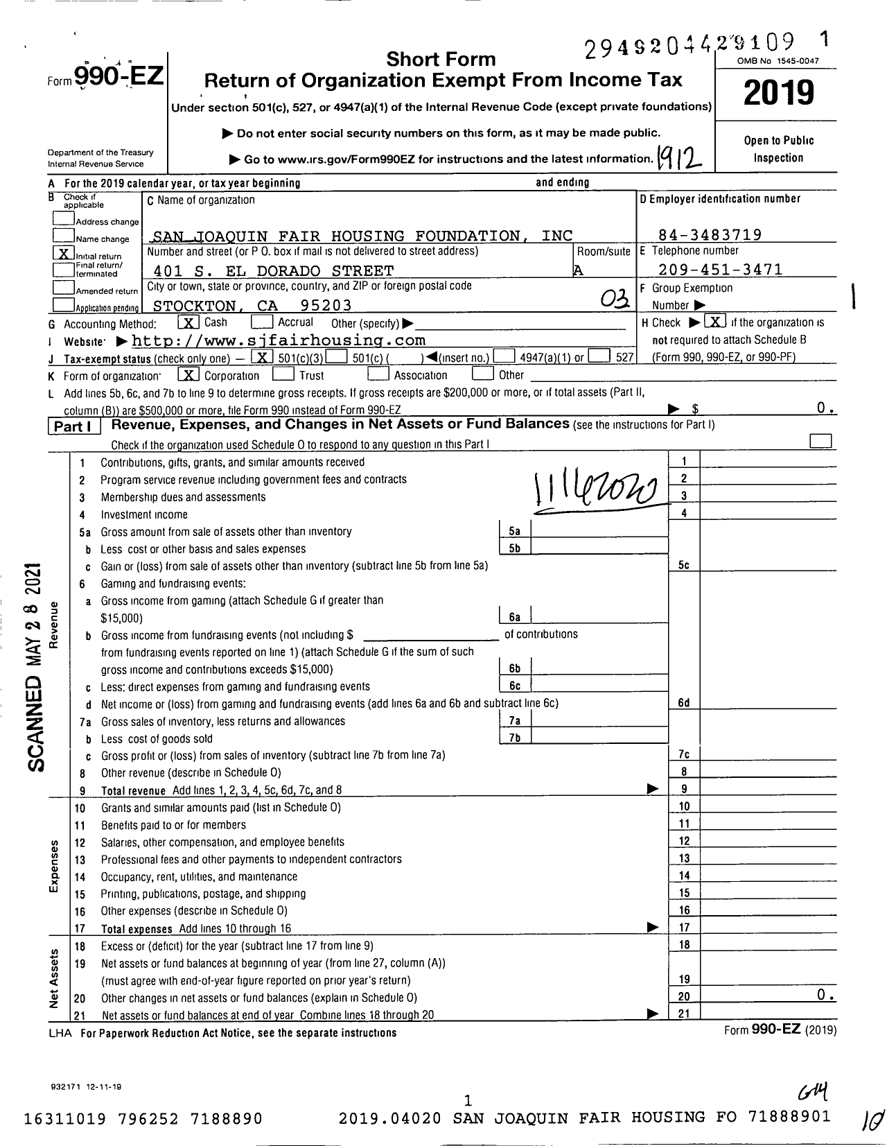 Image of first page of 2019 Form 990EZ for San Joaquin Fair Housing Foundation