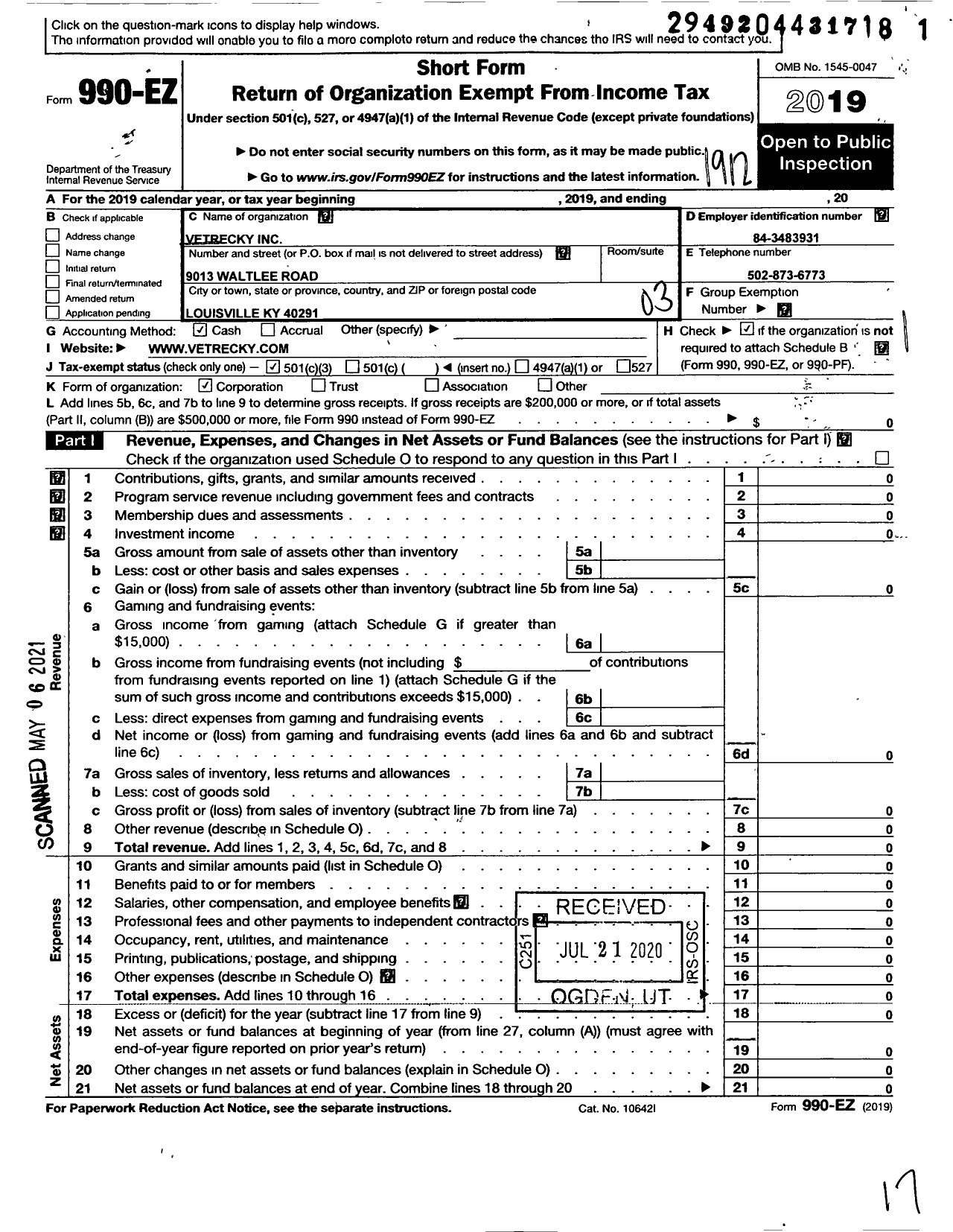 Image of first page of 2019 Form 990EZ for Vetrecky