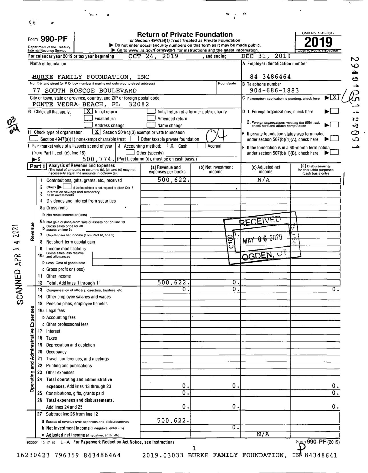 Image of first page of 2019 Form 990PF for Burke Family Foundation