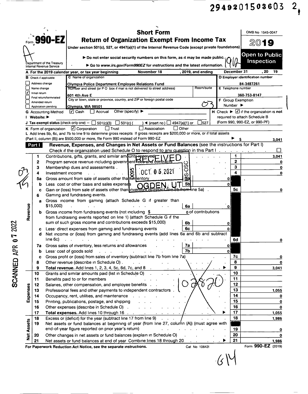 Image of first page of 2019 Form 990EZ for Olympia Police Department Employee Relations Fund