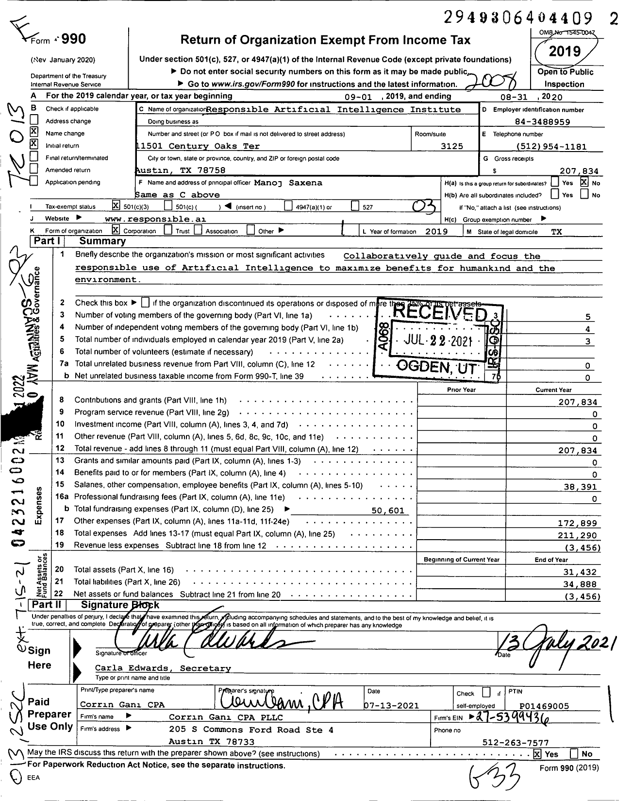 Image of first page of 2019 Form 990 for Responsible Artificial Intelligence Institute