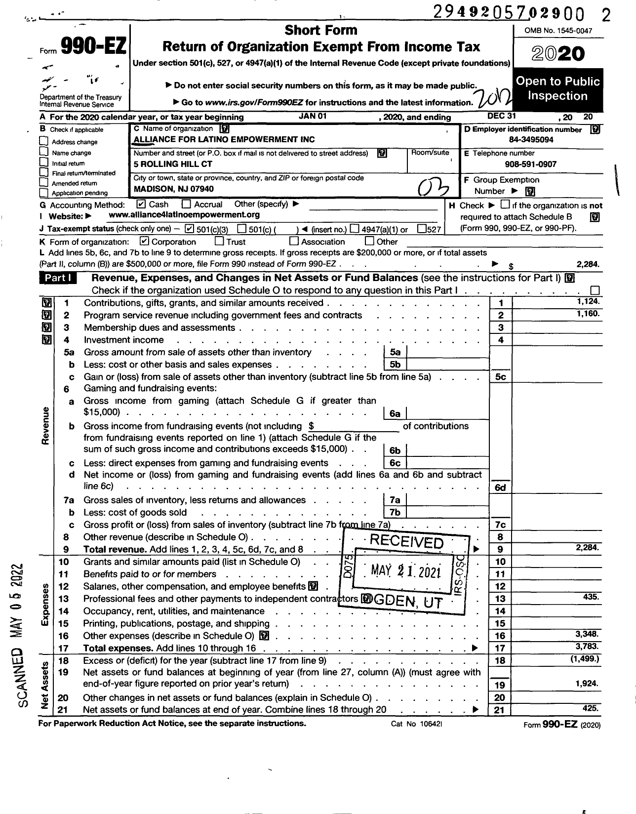 Image of first page of 2020 Form 990EZ for Alliance for Latino Empowerment