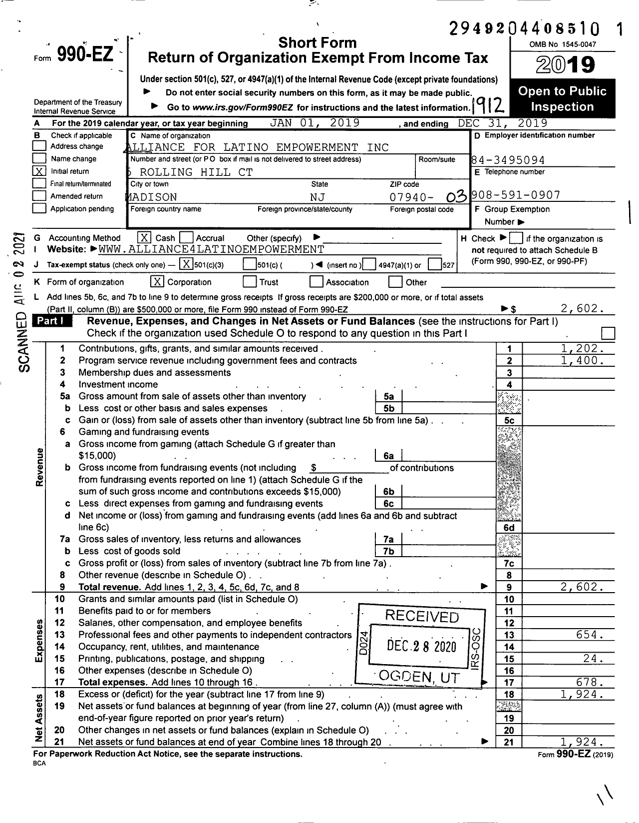 Image of first page of 2019 Form 990EZ for Alliance for Latino Empowerment