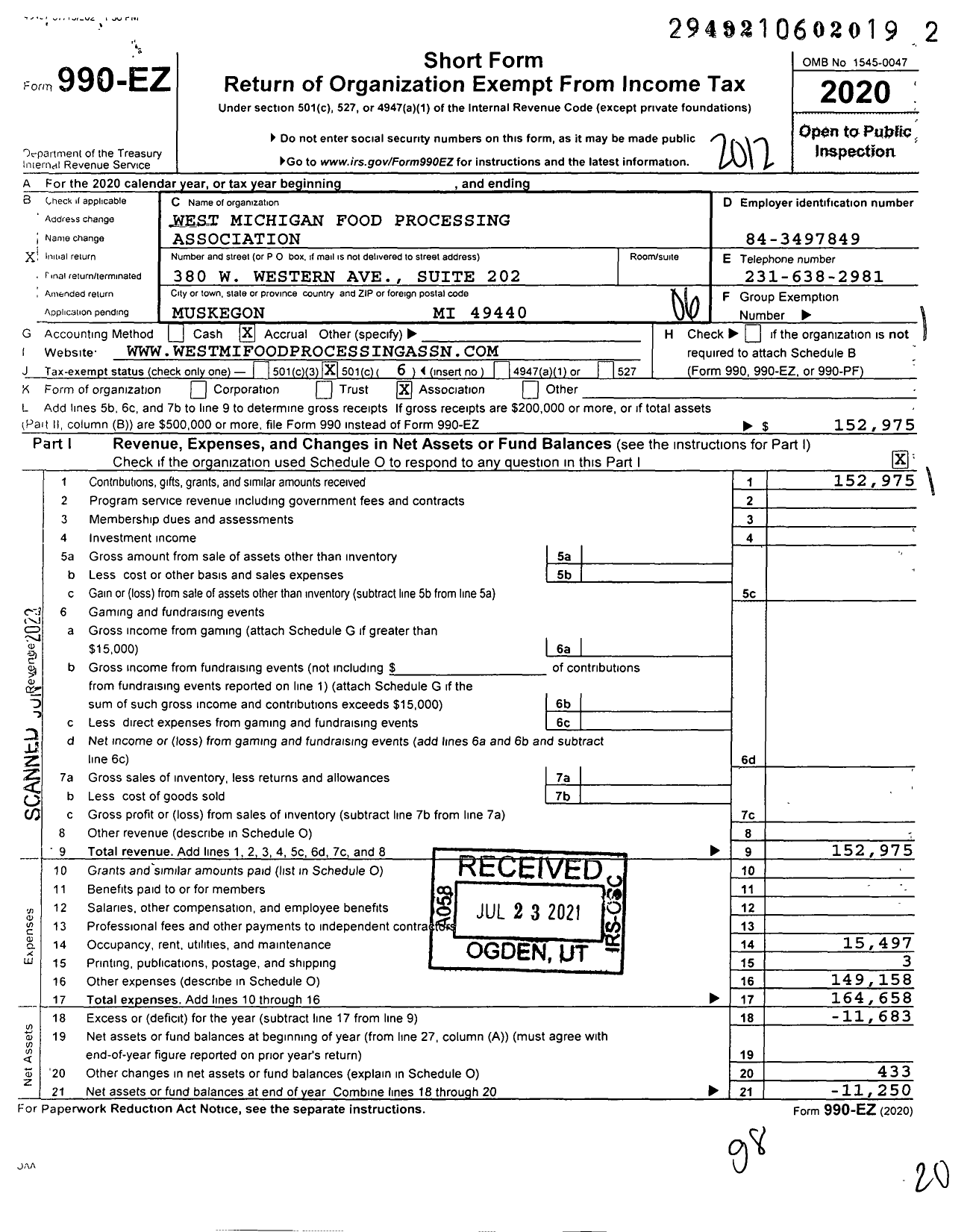 Image of first page of 2020 Form 990EO for West Michigan Food Processing Association