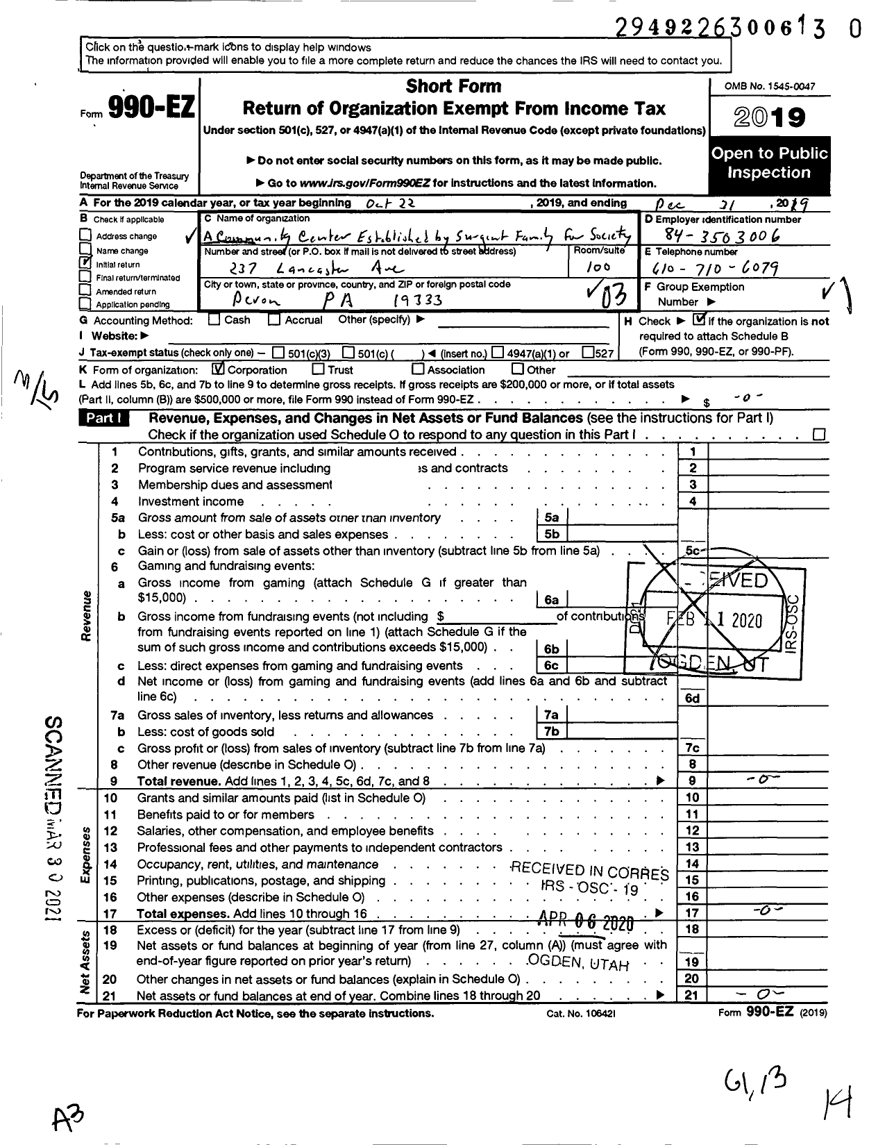 Image of first page of 2019 Form 990EZ for Access Community Center