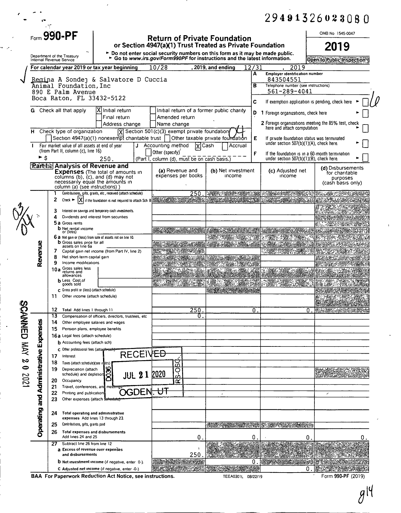 Image of first page of 2019 Form 990PF for Regina A Sondej and Salvatore D Cuccia Animal Foundation