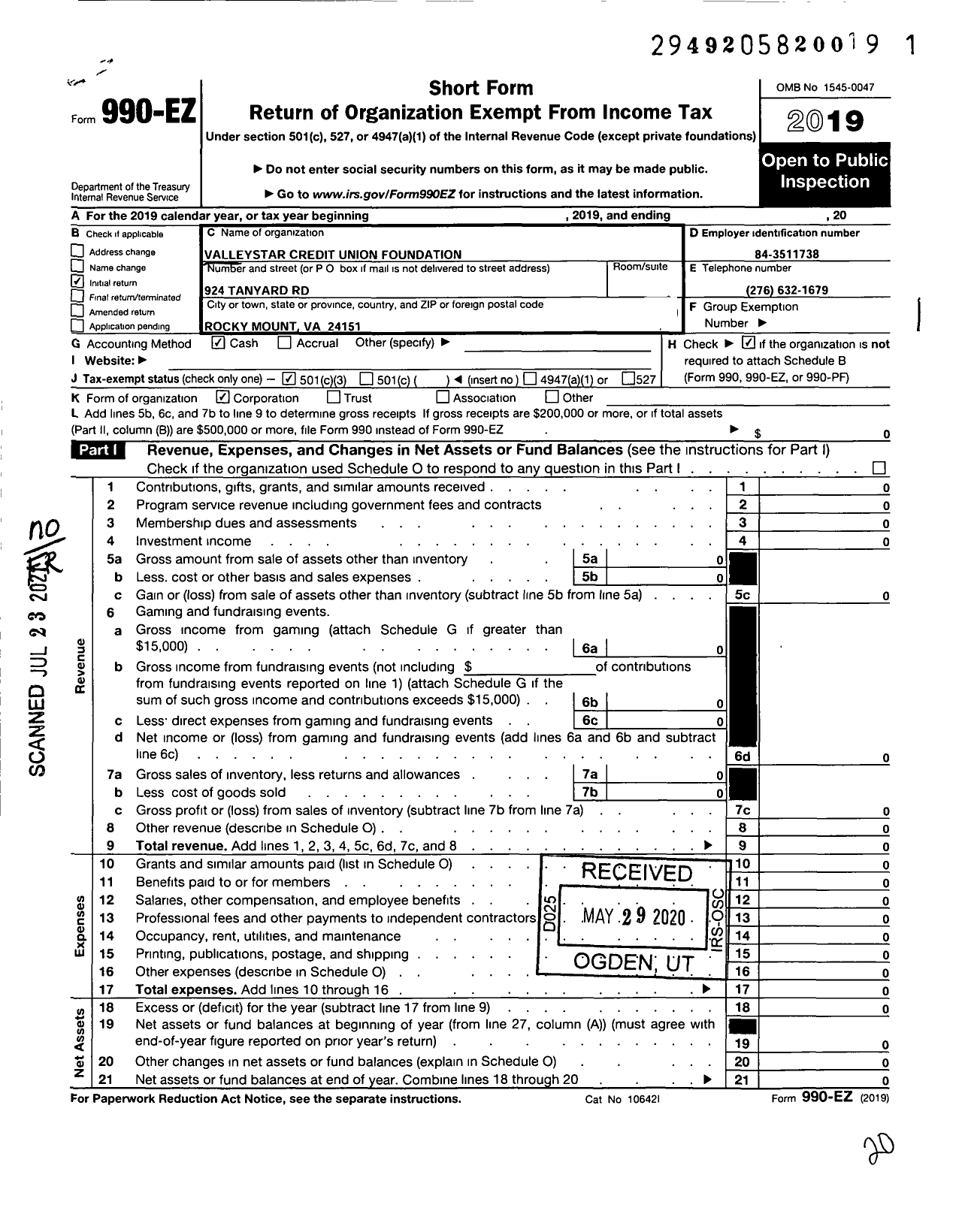 Image of first page of 2019 Form 990EZ for Valleystar Rise Foundation