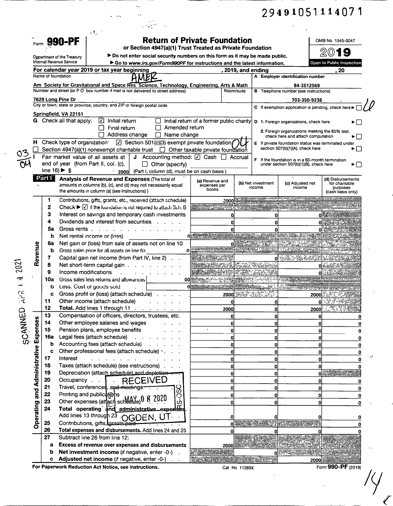 Image of first page of 2019 Form 990PF for American Society for Gravitational and Space Research Science Tech Engi